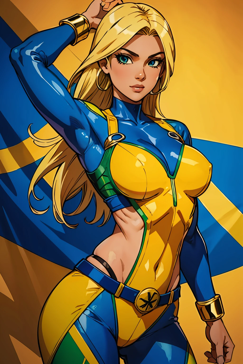Brazilian Woman Brazilian superhero Brazilian clothing Green yellow and Blue clothes Flag of Brazil Blonde hair