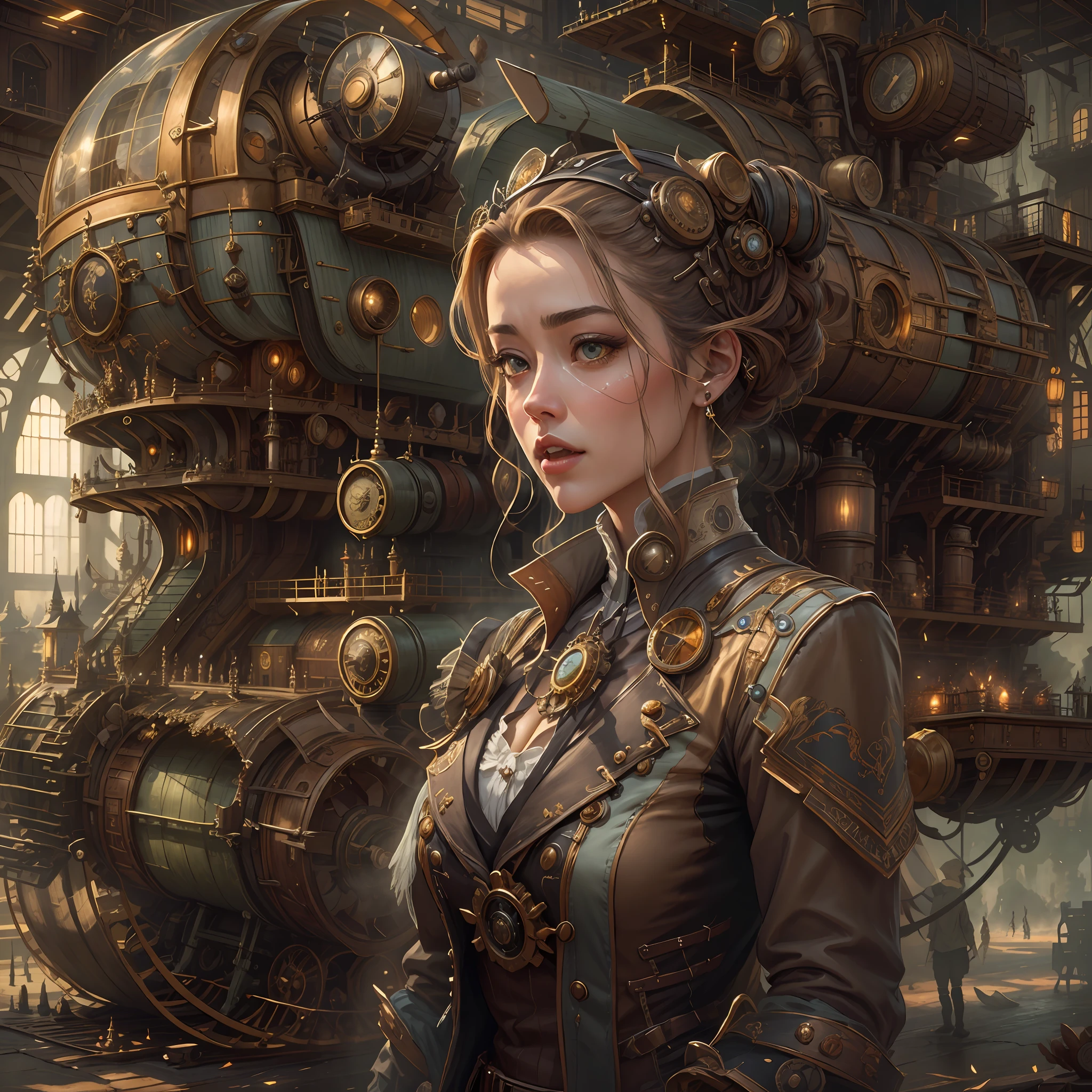 best qualtiy，tmasterpiece，超高分辨率，（realisticlying：1.4），absurderes，（1 couple standing in the manor，（Eye focus），sface focus, Clear facial features），（koh_amberheard：0.8），1 best long shot photo of Mechanical Airship Manor，Fantasy sci-fi vehicles，hyper realisitc，steampunc，Complex design，insanely details，finely detailled，Steampunk AI，