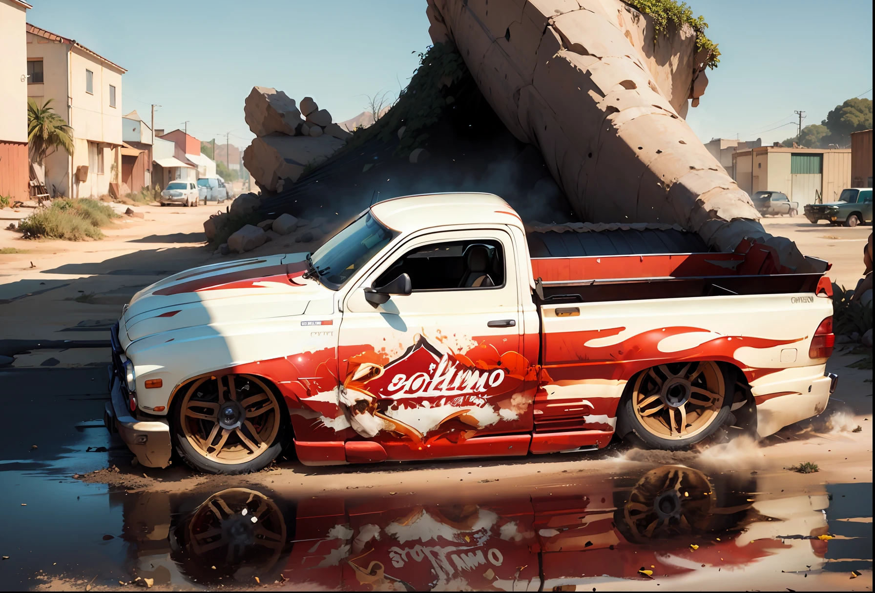 There is a truck with a red and white design on it, rodas quentes, carro finamente detalhado, estilo lowrider, Lowriders, micro detalhado, granulado de baixa qualidade, a full-color airbrushed, micro detalhe, insanamente detalhado c 10.0, Corpo cromado, Greg Rutkowski - C 1 0, side view, hand-painted, Rodas Quentes