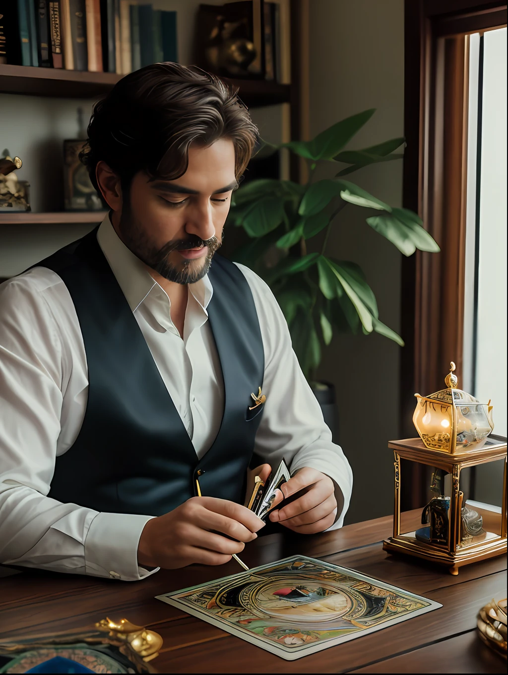 (masterpiece, high resolution, photorealistic: 1.4), (A mystic and magical charming Tarot reader man. in a beautiful room full of Tarot themes objects:1.3). (Sony Alpha a7R IV camera expertly accustomed at capturing this captivating moment: 1.2), (combined with a versatile Sony FE 24-70mm f/2.8 GM lens, ensuring every detail is captured beautifully: 1.2)