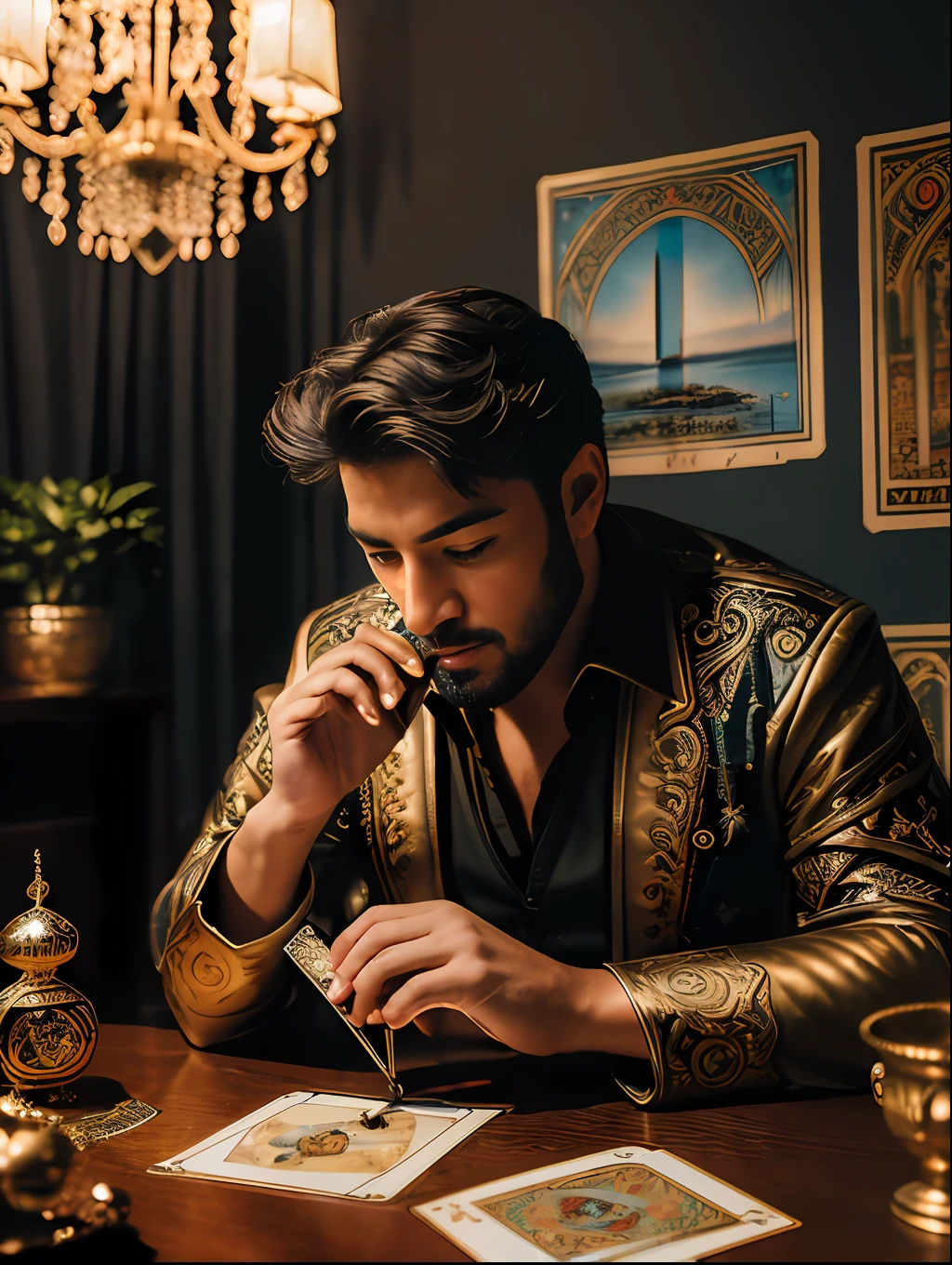 (masterpiece, high resolution, photorealistic: 1.4), (A mystic and magical charming Tarot reader man. in a beautiful room full of Tarot themes objects:1.3). (Sony Alpha a7R IV camera expertly accustomed at capturing this captivating moment: 1.2), (combined with a versatile Sony FE 24-70mm f/2.8 GM lens, ensuring every detail is captured beautifully: 1.2)