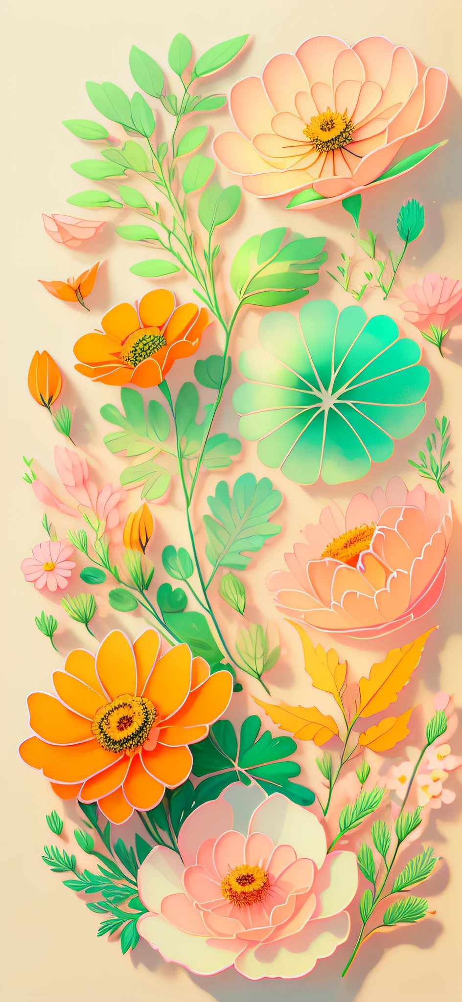 orange marigold, delicate pastel background with veined leaf ornament, thin dark lines, dark veins in the leaves, transparent flower petals, warm color scheme, elegant floral ornament, delicate botany, small flowers, dill inflorescences, flat image, pastel light colors, calm beige colors, diffused light, joyful mood, illustrator style, 2D, 4K