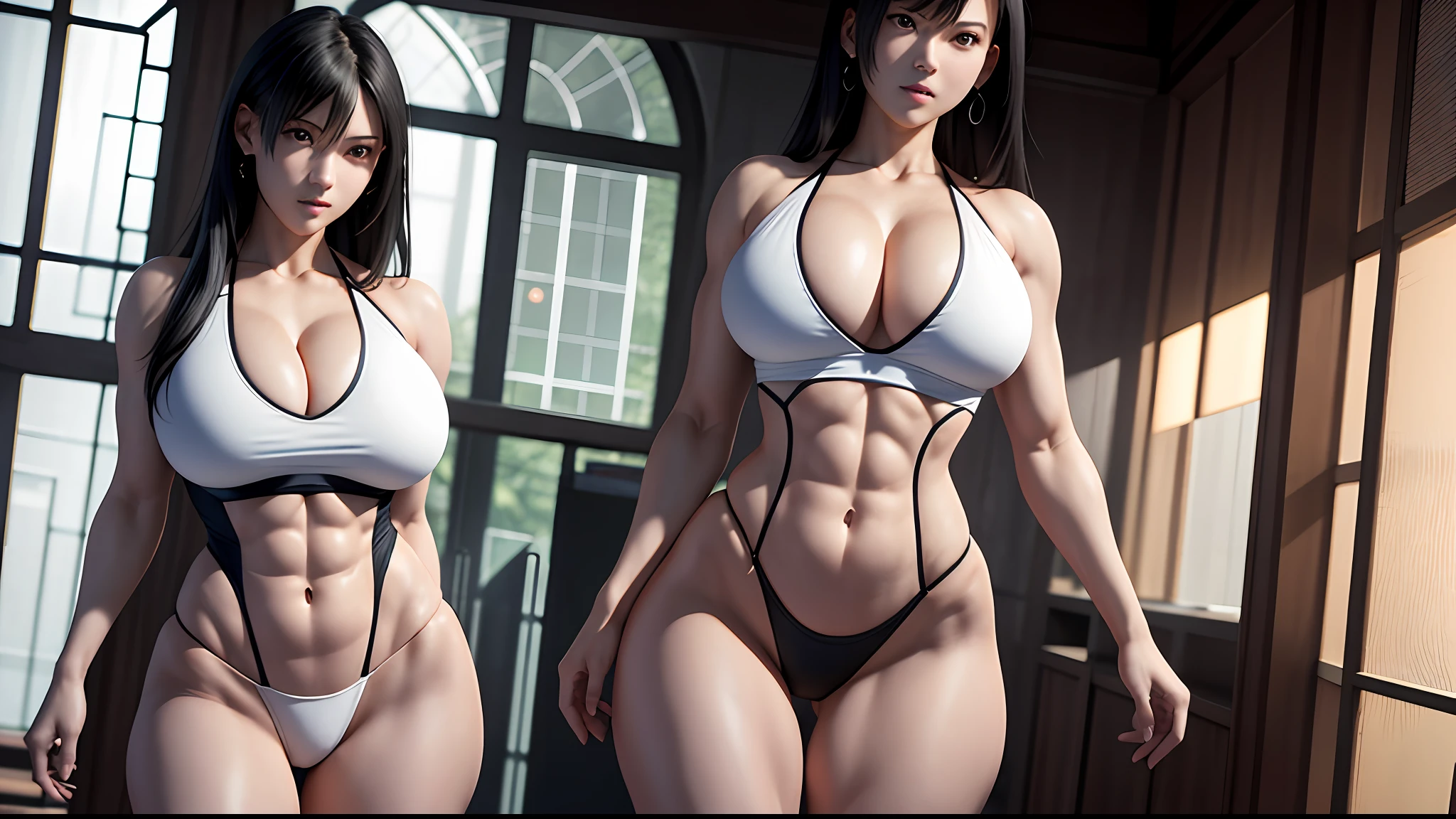 （tmasterpiece）， （best qualtiy）， 8K分辨率， ultra - detailed， photorealestic， photore， femele， with short white hair，Eight-pack abs，Expose abs，with a well-proportioned body，Toned arms，3DMM style，White super sexy super high fork super deep V three-point one-piece swimsuit，The thighs and body are in the picture，Body facing the camera，arms stretched wide，She has huge, full breasts，Incredibly large and firm breasts，Two women