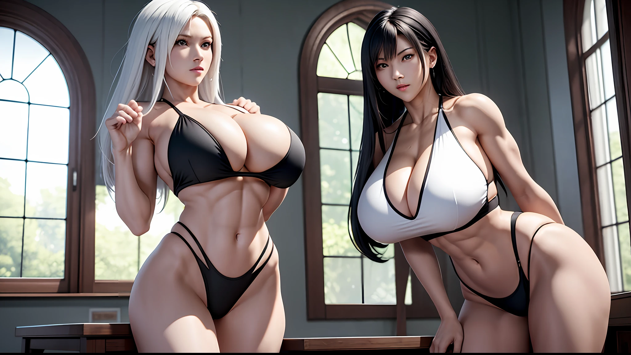 （tmasterpiece）， （best qualtiy）， 8K分辨率， ultra - detailed， photorealestic， photore， femele， with short white hair，Eight-pack abs，Expose abs，with a well-proportioned body，Toned arms，3DMM style，White super sexy super high fork super deep V three-point one-piece swimsuit，The thighs and body are in the picture，Body facing the camera，arms stretched wide，She has huge, full breasts，Incredibly large and firm breasts，Two women