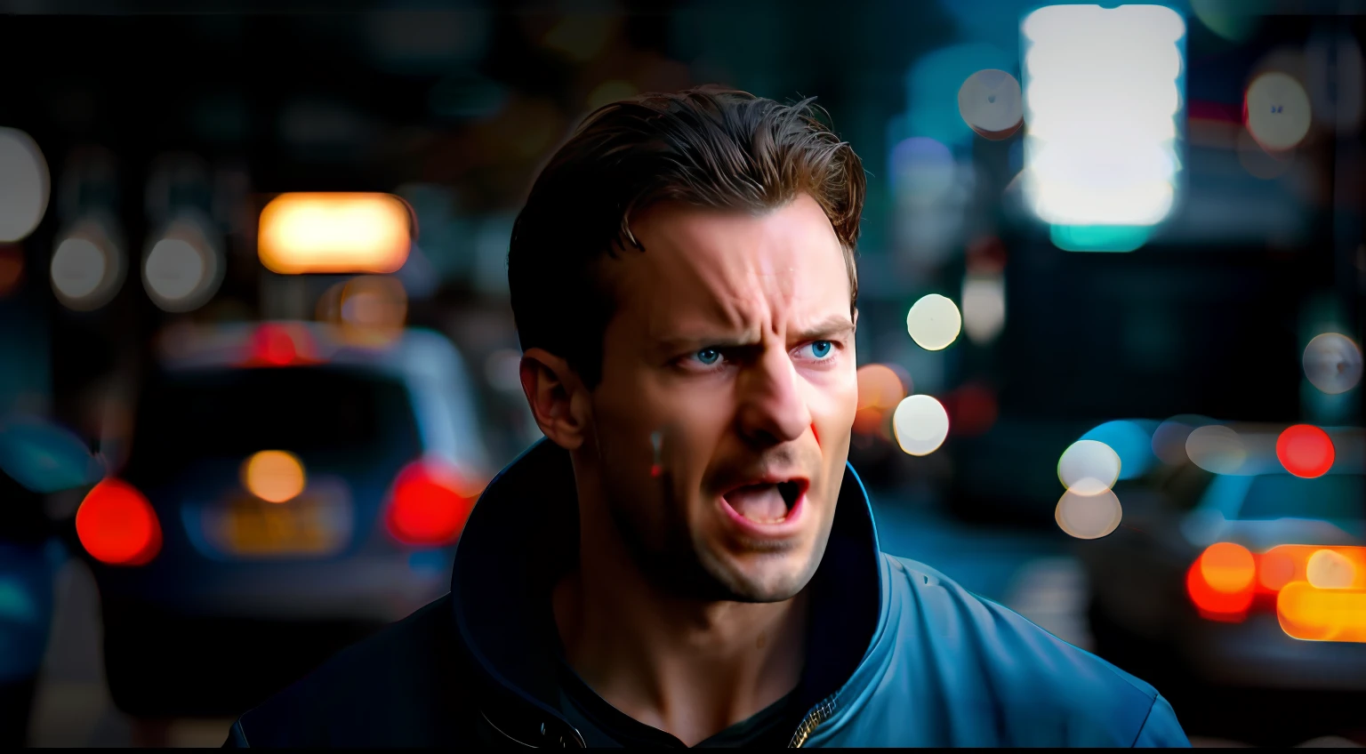 Create realistic photo in high definition, with cinematic light (high quality), of A person with an angry expression on his face in traffic