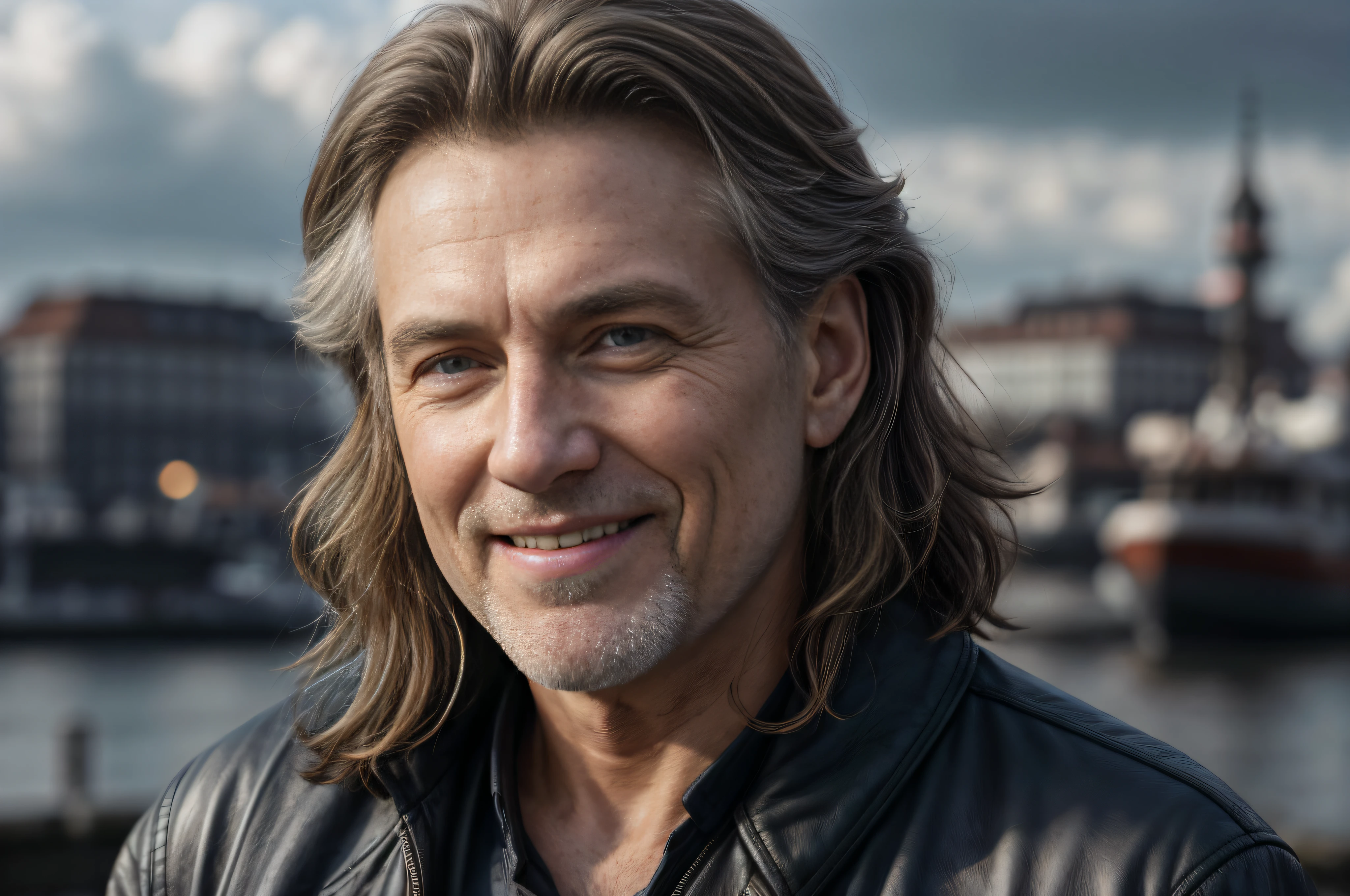 Aalfed man with long hair and leather jacket smiling, christophe szpajdel, Rolf valve, jimmy nelsson, Bjorn Skalldrasson, yann blomquist, rik oostenbroek, anato finnstark. perfect faces, Inspired by Quirijn van Brekelenkam, Peter Deligdisch, Martin Mott