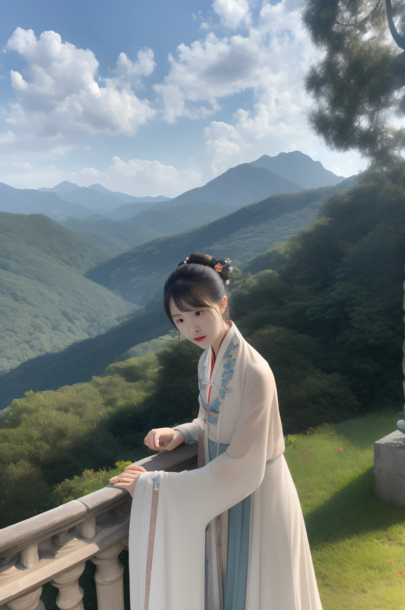 Changting Hanfu woman sat and watched the flowing years, Lookout mountain shallow clouds
