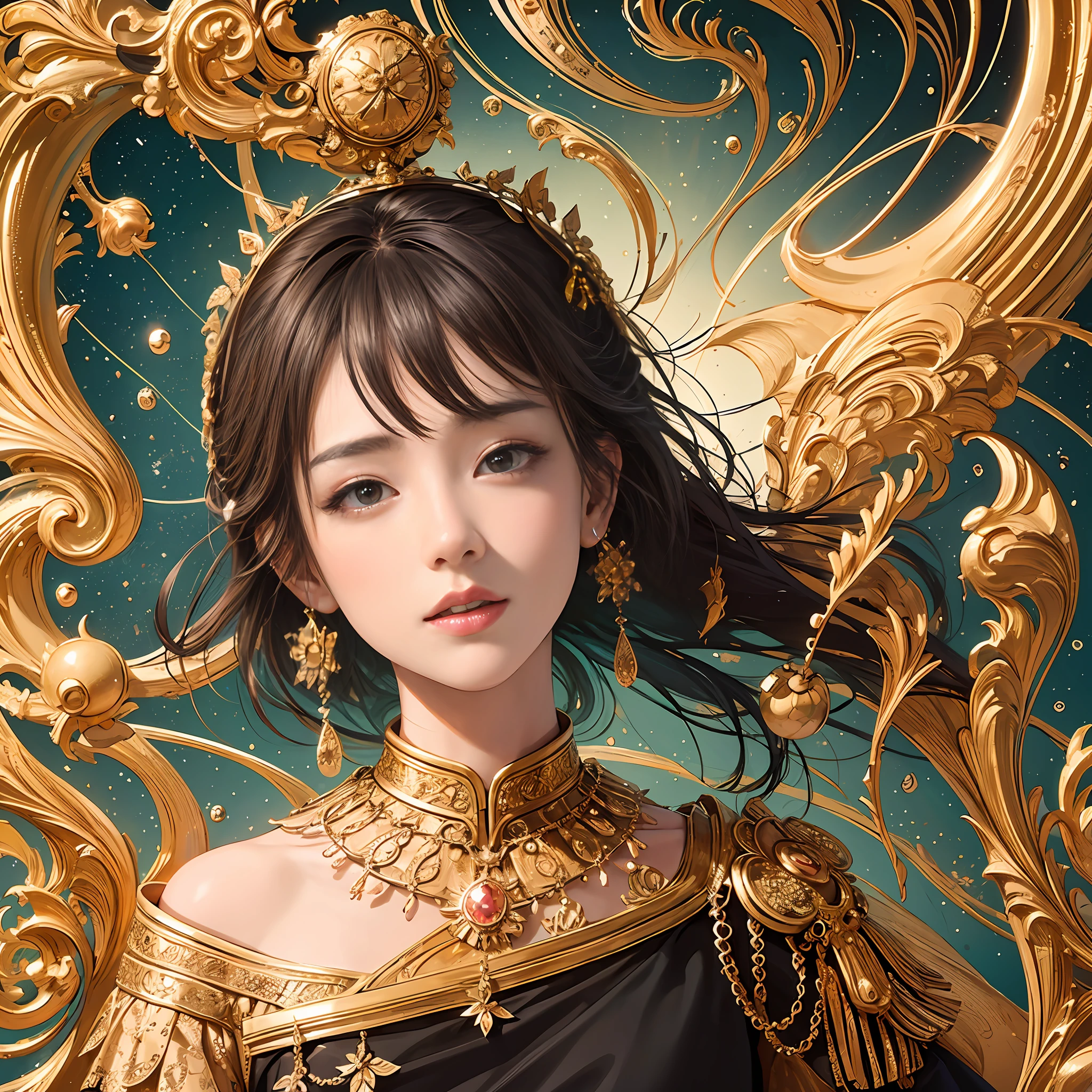 offcial art,统一 8k 壁纸,ultra - detailed,Beauty and aesthetics,tmasterpiece,best qualtiy,(Antique beauty),(s fractal art:1.3),1girl,The is very detailed,dynamic angle,cowboyshot,The most beautiful form of chaos,Elegant,Fauvist design,vivd colour,romanticism lain