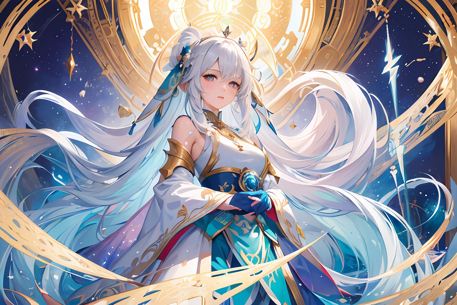 Woman in blue dress with long white hair and crown, beautiful celestial mage, keqing from genshin impact, white haired god, anime goddess, portrait knights of zodiac girl, high detailed official artwork, anime fantasy illustration, anime fantasy artwork, Detailed key anime art, zhongli from genshin impact, Genshin, Trending on ArtStation pixiv