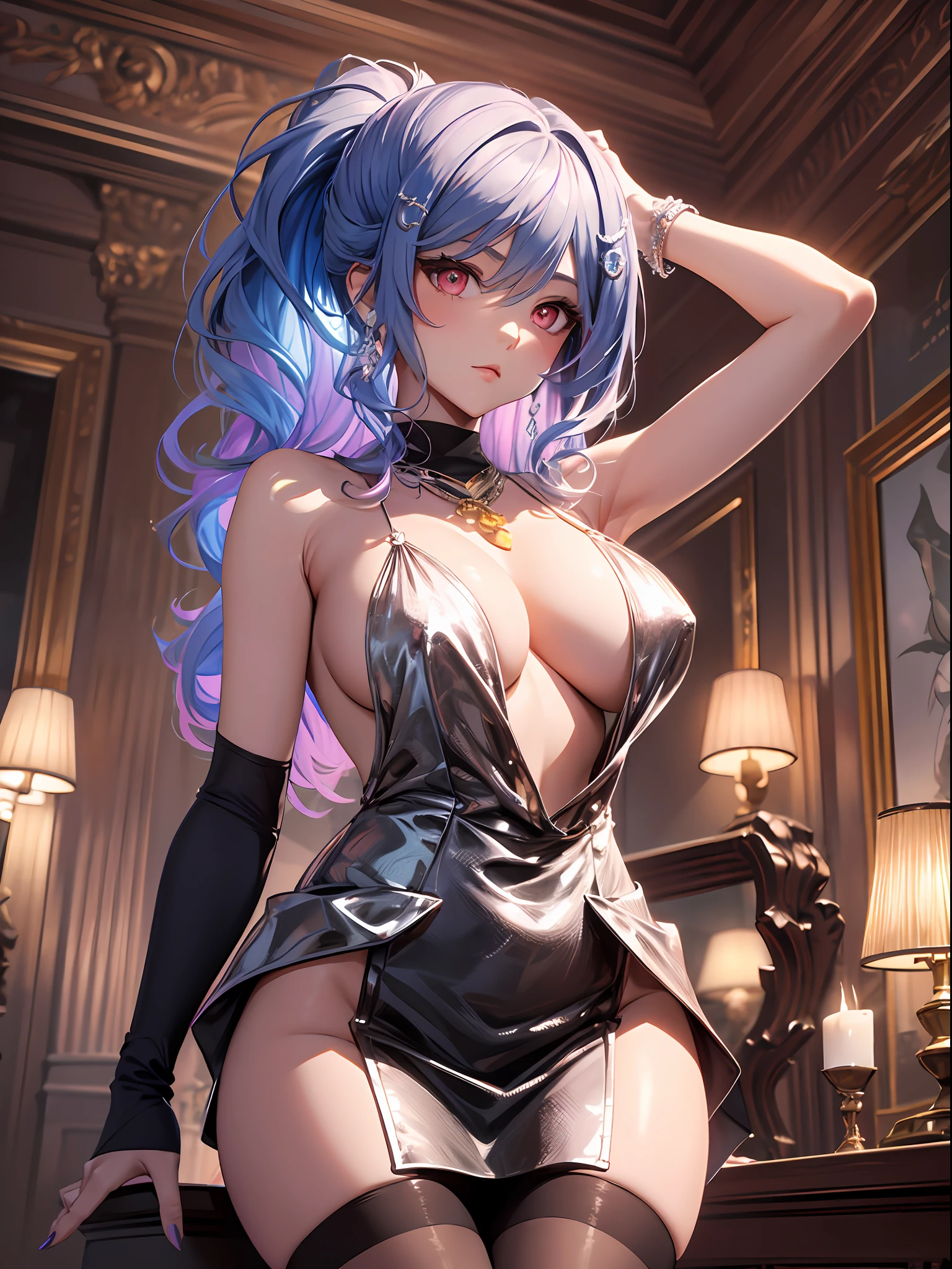 1个Giant Breast Girl!Ray traching,Best shadow,A high resolution(dim murky lights)detailedbackground(liveroom)Fluffy silver hair,plump and slender girl,With a high ponytail, Avoid golden eyes in the ominous living room(Girl wears white shirt,Black wrinkled skirt,Wear yours with black sheer pantyhose)It shows a delicate and slender figure and beautiful curves,Limbs with correct and reasonable position!hand behind head,The fingers are slender and slender!Stand dignified,detail in face!Delicate facial features!Pay attention to the details of the position of the legs!Pay attention to hand details!high high quality!More eligible!Reduce errors!Painting is more elaborate,Ultra-detailed CG,The picture is more reasonable!Pay attention to finger details!8k wallpaper,tmasterpiece,Double pupil details!Reduce eye size differences!Limit the number of fingers!,H cup big breasts,Blush,