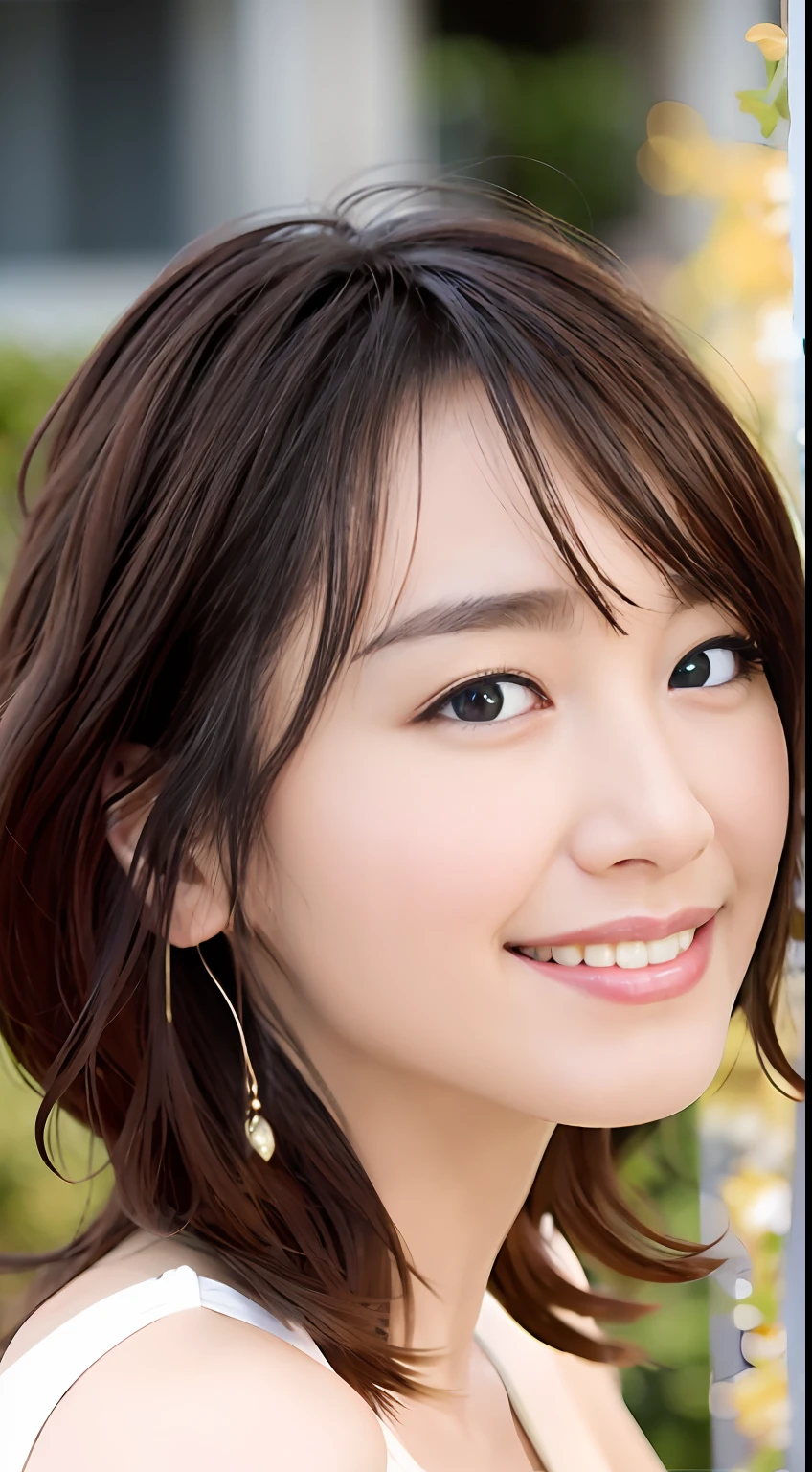 In photos taken by DSLR cameras,The picture shows a young woman with long dark brown hair。Her long hair is slightly curly,gleaming in the sunlight,Exudes an attractive sheen。The woman is about 20 years old,It has a tall nose and a face that resembles a goose egg,Show her nobility and elegance。Her skin is very delicate,Smooth and picturesque。Photos are taken in a realistic style,It feels highly real。Her makeup is delicate,Maintain a high level of realism。She wears a summer short-sleeved dress,Show off her fashion taste and glamorous figure。She wears a necklace,It adds a touch of brightness to the overall look。She has big beautiful eyes,Show her sunny temperament in a smile。She is surrounded by a garden,Flowers and greenery in the flower beds are in a good business。The photo was taken from the side,Women make up about 1 of the picture/Part 3。