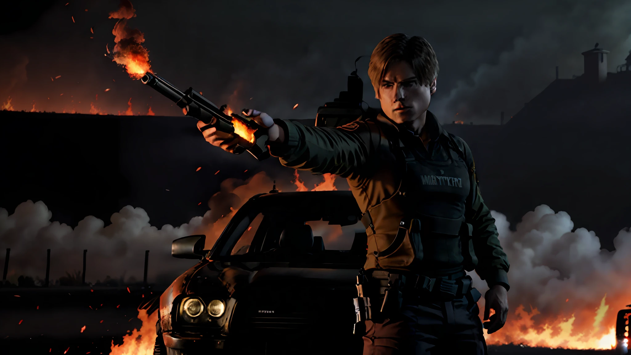 Caucasian man with gun standing in front of a burning car, burning scene in the background, action scene screenshot, some smoke and fire,Green sweatshirt,Black shorts,
