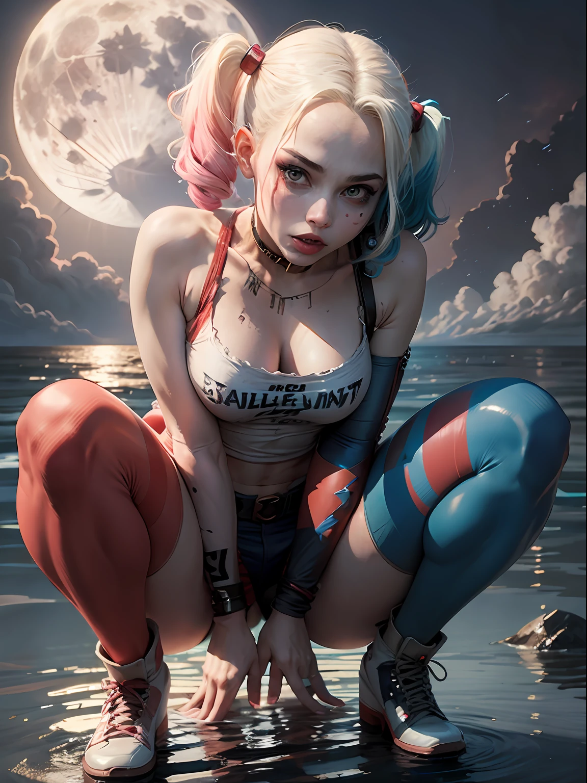 Halle Quinn, of harley quinn， squatting on the ground, Legs spread, (the camera is from bottom to top) , elevation, Bright big moon, Water's Edge, The water reflects the body，，