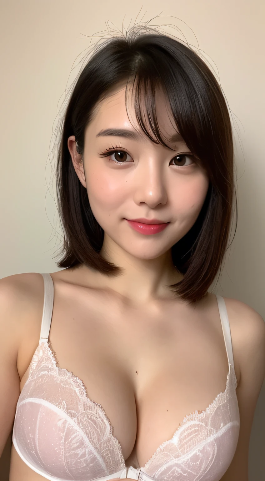 ((Best picture quality, 8K, tmasterpiece:1.3)), 1girll, Beautiful woman with slender abs:1.3, (Casual hairstyle, :1.2), Wear sexy low-cut bras,Super large,The skin is very white,Underwear pink,Ultra-fine face, A detailed eye, 二重まぶた,ssmile。Take pictures in cute poses,The figure is very bad,tiny small waist,Super big breasts,Close-up,Close-up chest,White-skinned,The background is casual,Close-up Shot Shot