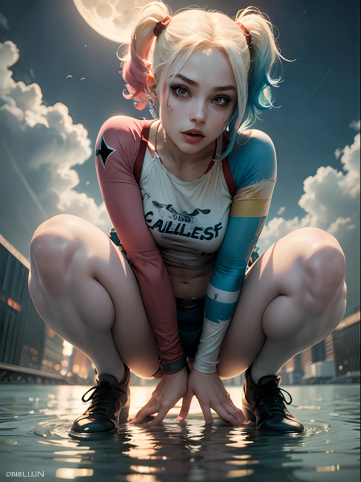 Halle Quinn, of harley quinn， squatting on the ground, Legs spread, (the camera is from bottom to top) , elevation, Bright big moon, Water's Edge, The water reflects the body，，