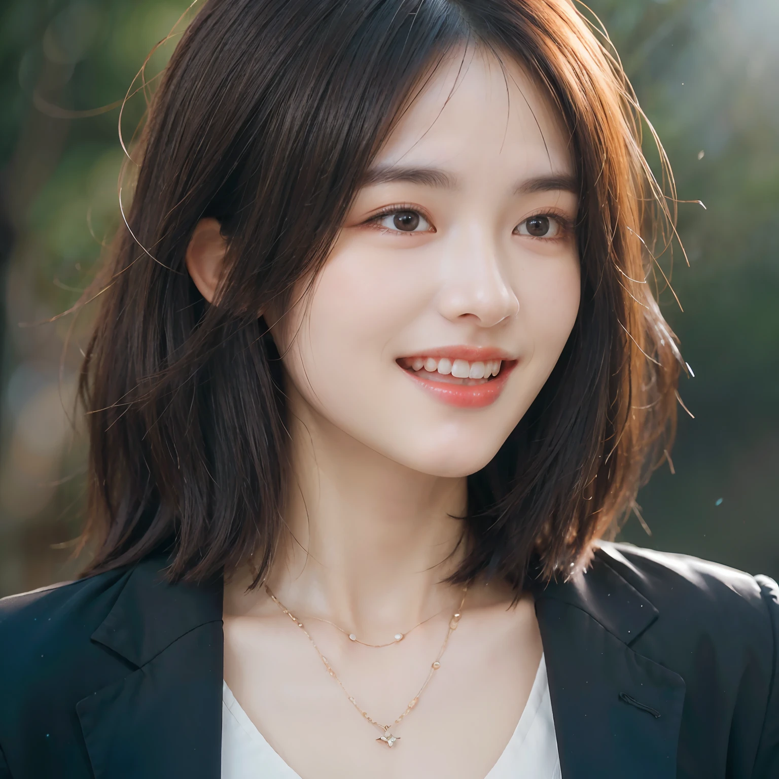 Dressed, (photographrealistic:1.4), (Hyper realistic:1.4), (Realistic:1.3), (Smoother lighting:1.05), (increase cinematic lighting quality:0.9), 32K, 1girl in,25-years old, Realistic lighting, Backlighting, Light on Face, raytrace, (Brightening light:1.2), (Increase quality:1.4), (Top quality real texture skins:1.4), finely detailed eyes, finerly detailed face, (tired and sleepy and joy:0), (Laugh:1.4), Black Suit,a necklace, (Increase body line mood:1.1), (Increase the beauty of skin texture:1.1)