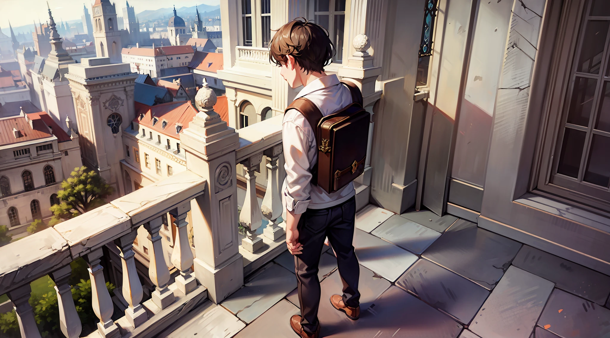 Young teen boy aiden standing on his palace balcony looking at the village fully animated