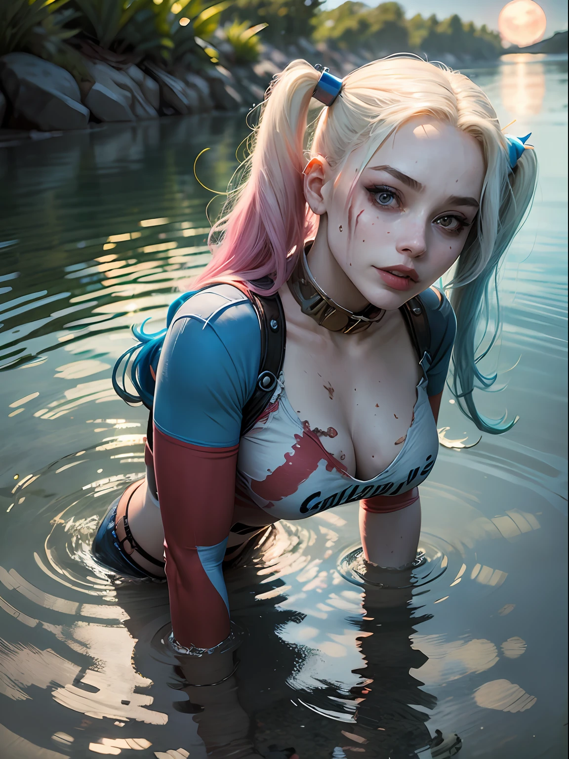 Halle Quinn, of harley quinn， squatting on the ground, Legs spread, (the camera is from bottom to top) , elevation, Bright big moon, Water's Edge, The water reflects the body，，