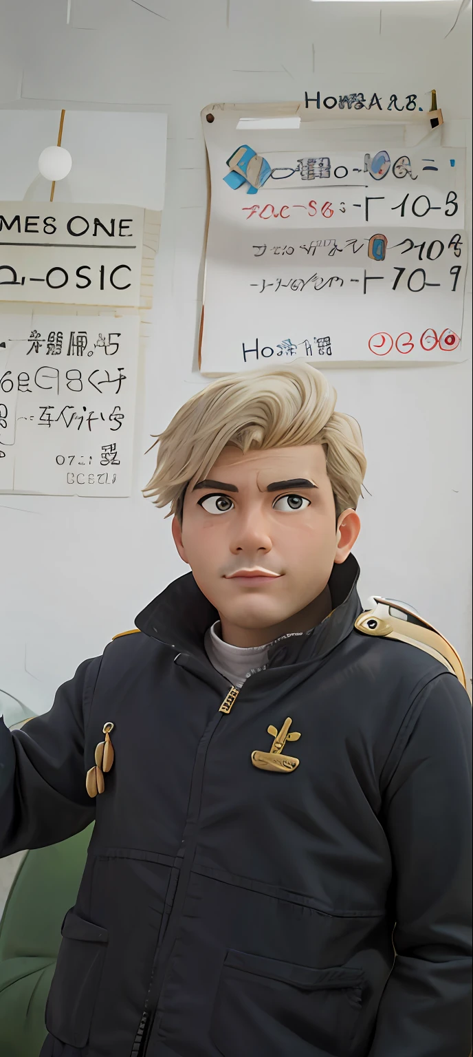 homem loiro na jaqueta preta na frente de um quadro branco, imagem frontal, estilo anime