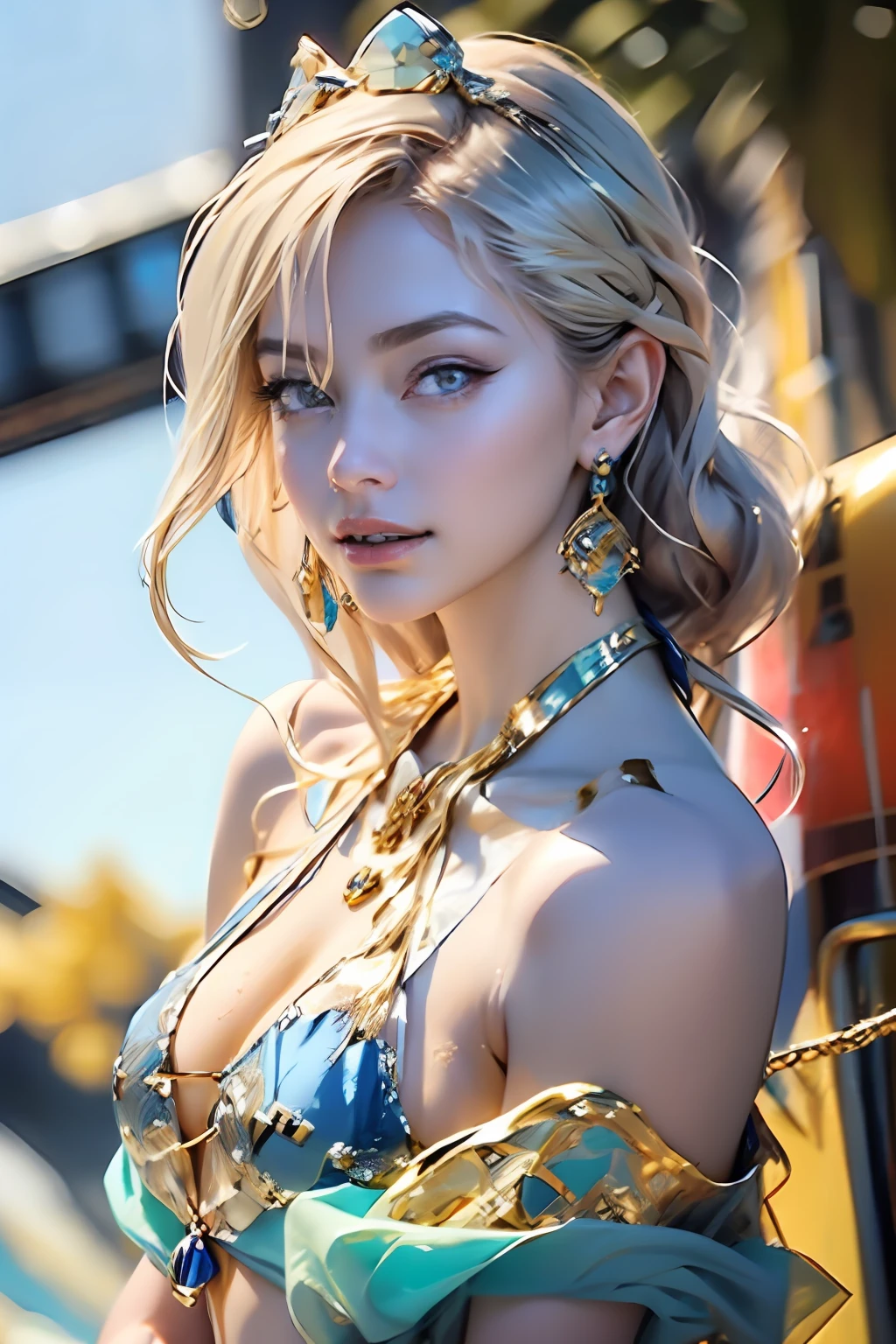 Ultra-detailed complex 3D rendering of faces、(masterpiece、top-quality、octan render、)、Glamour shot full body image、Very beautiful young elf、 cleavage of the breast、(highlydetailed skin:1.2)、(Pubic hair shows through:1.1)、(((Blue and gold micro bikini and jewelry:1.95))))。、8K、((Very soft breasts))、((noticeable large pink areola))、((large full breasts:1.4))、Beautiful Caucasian woman with big buttocks full soft breasts and white skin、1 persons、Long braided hair、large full breasts、dynamic ungle,((Jewel Magic Wand)) 、hyper realistic photography、(((a blond)))、(futuristic city backdrop)、face muscles、(((Detailed and ornate diamond crown))))、In the style of Marvel Comics、 ArtStation Trends, Clear focus, intricate detailes, ighly detailed, Detailed green eyes, foco nítido, a digital rendering, proffesional、abdominals、glowy skin、sexypose、(Golden tattoos all over the body)、Golden lame skin、Mansuji、s ass、(Jewel the whole body)、It has silver scales)、a blond、Seductive look、Detailed and beautiful white teeth、Armpit、both sides