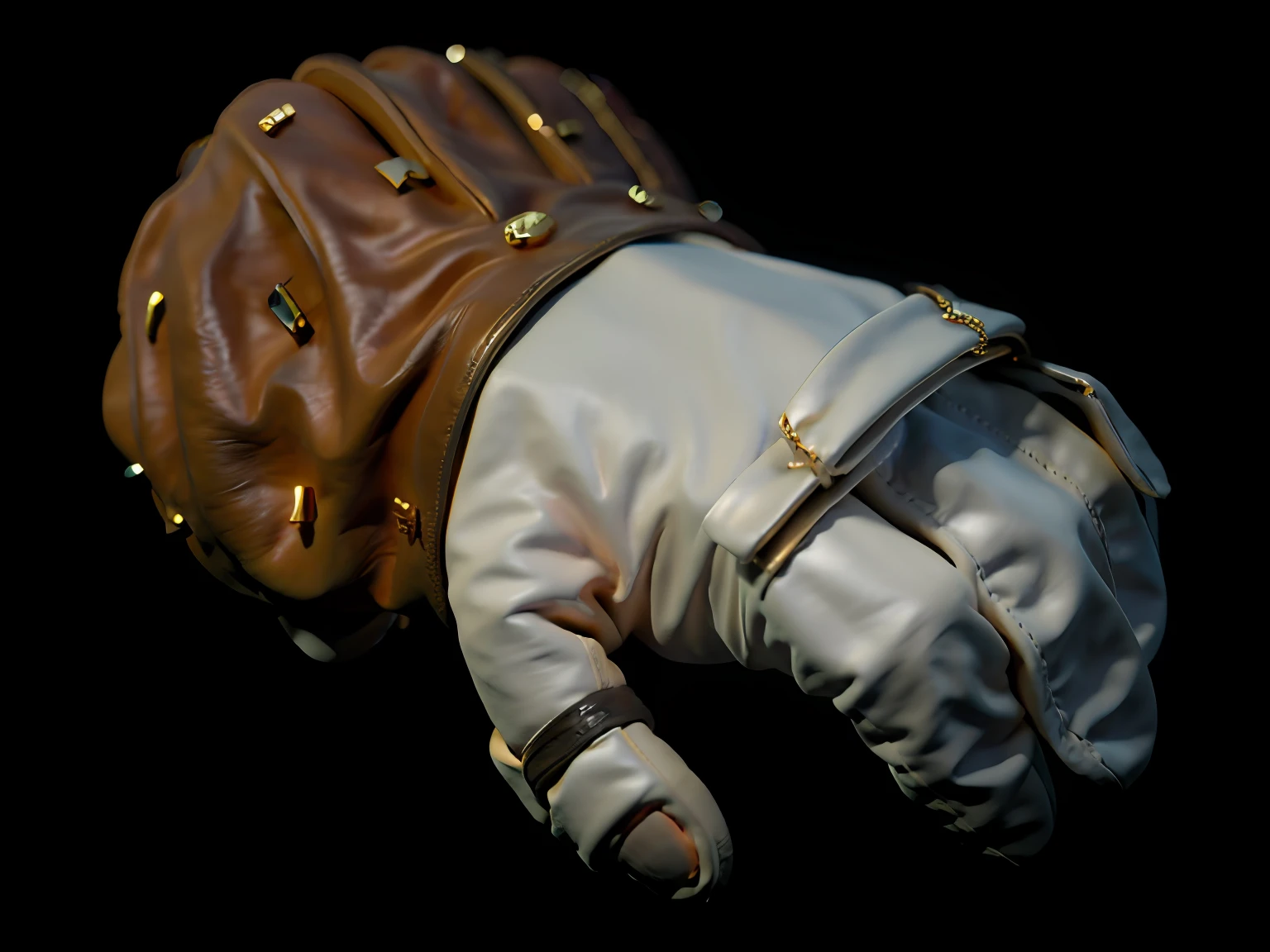 There is a glove on a black background, cloth simulation with houdini, extreme hand detail, Houdini - hard surface, rendered in houdini, mitts, Houdini 3D rendering, high detail whide shot, houdini render, marmoset toolbag rendered, marvelous designer substance, chunky gauntlets