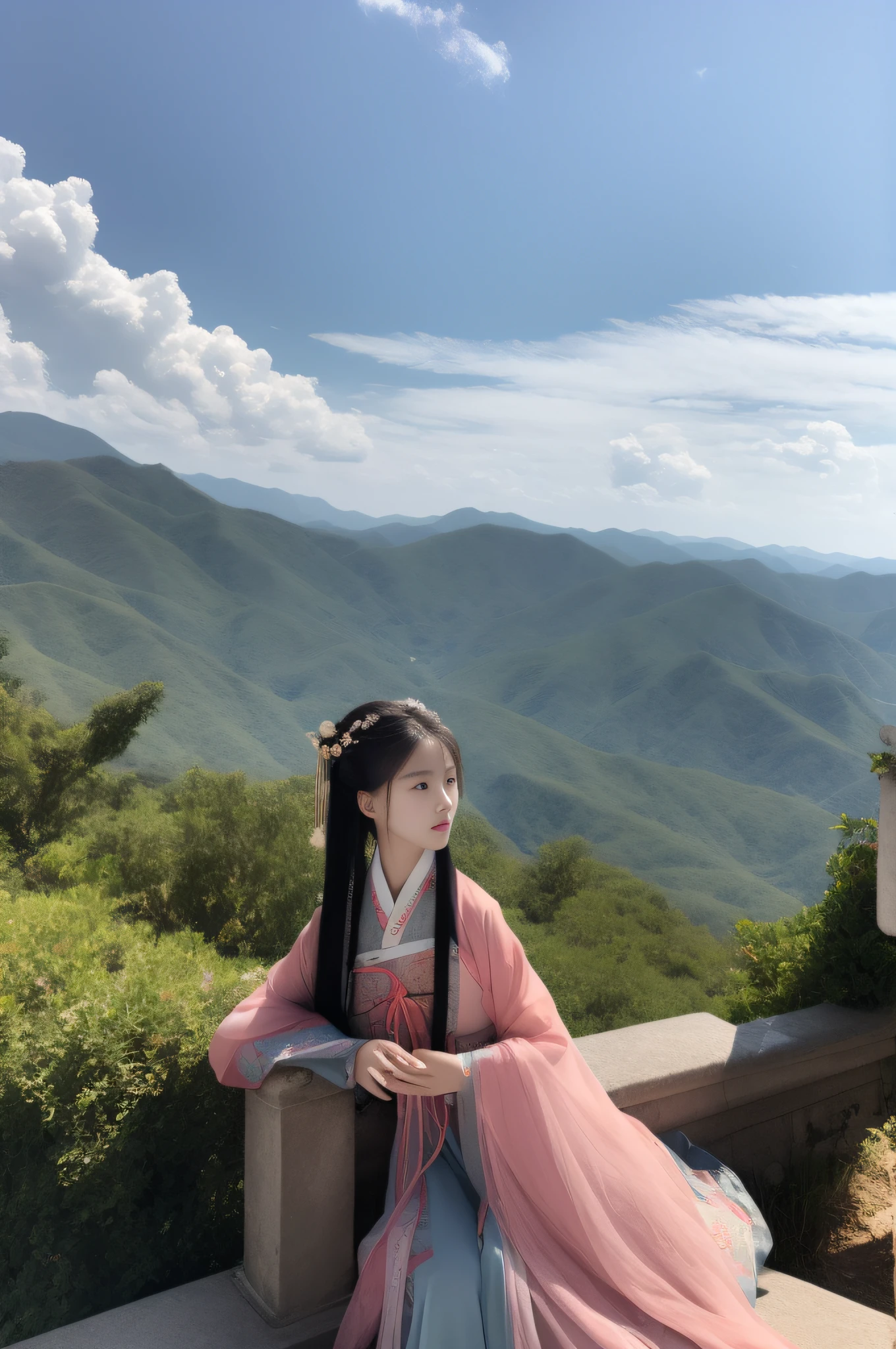 Changting Hanfu woman sat and watched the flowing years, Lookout mountain shallow clouds
