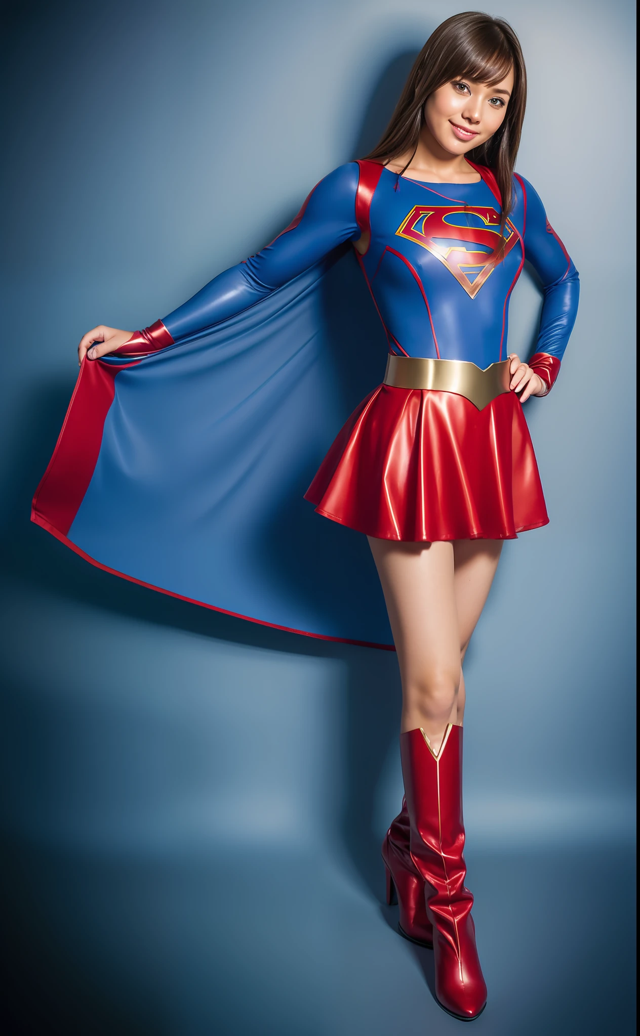 Supergirl Costume、super girl、Bishoujo Warrior、Body line enhancement、8k、top-quality、Real image、intricate detailes、ultra-detailliert、超A high resolution、Depth Field、(Photorealsitic、realisitic:1.2)、​masterpiece、a photo of 1girl、super girl、wounded、superhero、lying back、backs、realisitic、Super suit torn、(raunchy、bruise、bloods:1.3)、