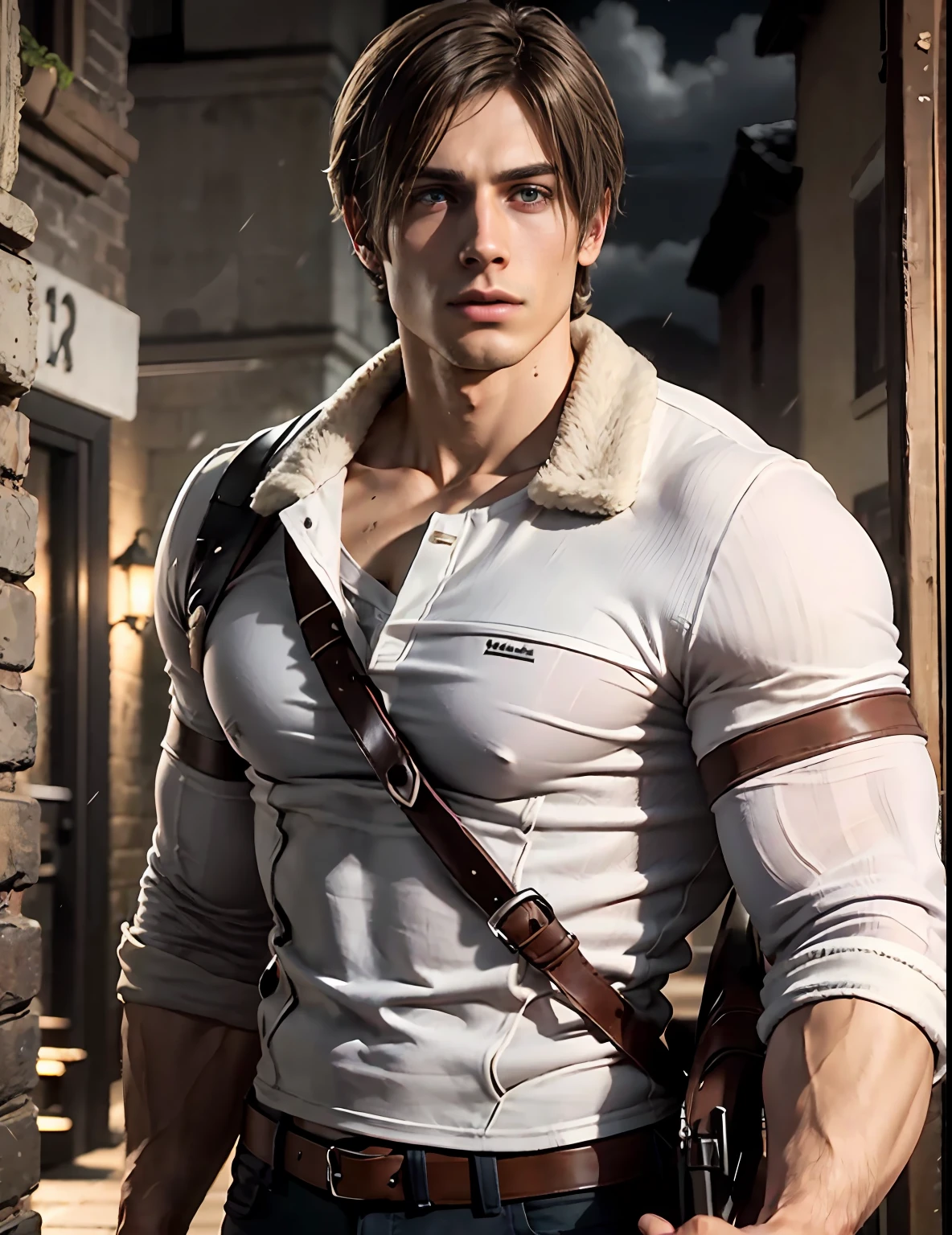 1 man, young man, 27 year old, Leon S. Kennedy from Resident evil 4, face of Eudard Badaluta, solo, white skin, muscular, lean muscle man, tall, hunk, wide shoulder, clean-shaven, dark brown hair, curtain hairstyle, dark brown cold long sleeve leather jacket with white fur on the neck, black color T shirt inside, black pant, holding a pistol on right hand, viewer looking, high resolution:1.2, best quality, upper body shot, flat style, cloudy sky and old Spanish village background, nightime, low camera angle, volumetric lighting, depth of field, shadow