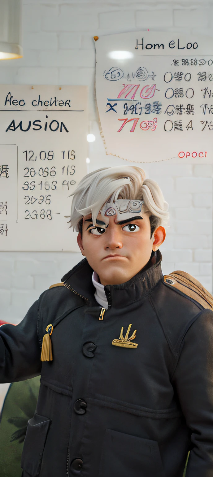 homem loiro na jaqueta preta na frente de um quadro branco, imagem frontal, estilo anime