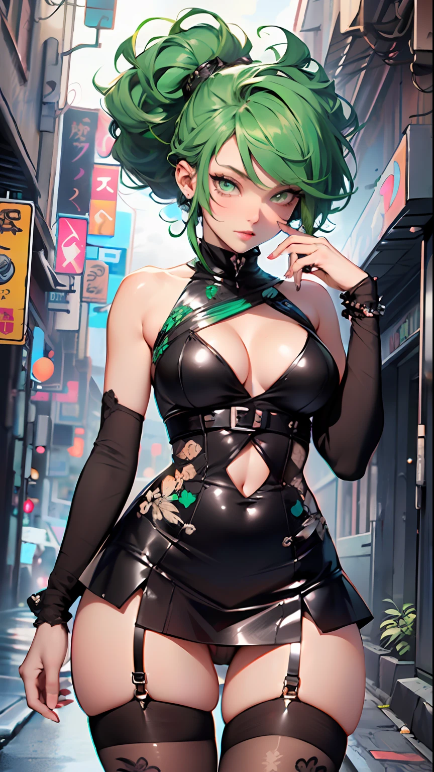 girl youtuber,(((1girl))),((extremely cute and beautiful green curly-haired anime girl walking down the street)),

(short breasts:1.4),(((green curly hair:1.35,very curly hair,colored inner hair,ear breathing, short hair))), ((green eyes:1.3,upturned eyes:1.3,perfect eyes,beautiful detailed eyes, rainbow glows ultra-detailed yellow green eyes:1.1,gradient eyes:1, finely detailed beautiful eyes:1,symmetrical eyes:1,big highlight on eyes:1.2)),((fat)), (((lustrous skin:1.5, bright skin: 1.5,skin tanned,shiny skin,very shiny skin,shiny body,plastic glitter skin,exaggerated shiny skin))),delicate detailed fingers,detailed body,detailed arms, human hands,detailed hands,), 

cute,slutty,seductive,erotic,(((nsfw))), 

zettai ryouiki,revealing clothing,show skin,((rave mini-skirt,visible thong straps,white loose tank top with an intricate print)),(detailed outfit, detailed clothes), 

(dynamic pose:1.0),solo focus,embarrassed,centered,scale to fit dimensions,Rule of thirds,

outdoors, ((night view)), (cyberpunk night street Background: 1.5,dark sky,alleyway,lonely alley,thick clouds, detailed background:1.25),

(best quality), (high resolution), (sharp focus), (ultra detailed), (extremely detailed), (extremely high quality artwork), 8k_wallpaper, (extremely detailed CG 8k),(very fine 8K CG), ((hyper super ultra detailed perfect piece)), flawless, (((masterpiece))), illustration, vibrant colors,  (intricate), High contrast, Selective lighting, Double exposure, HDR (High Dynamic Range), Post-processing, Background blur,