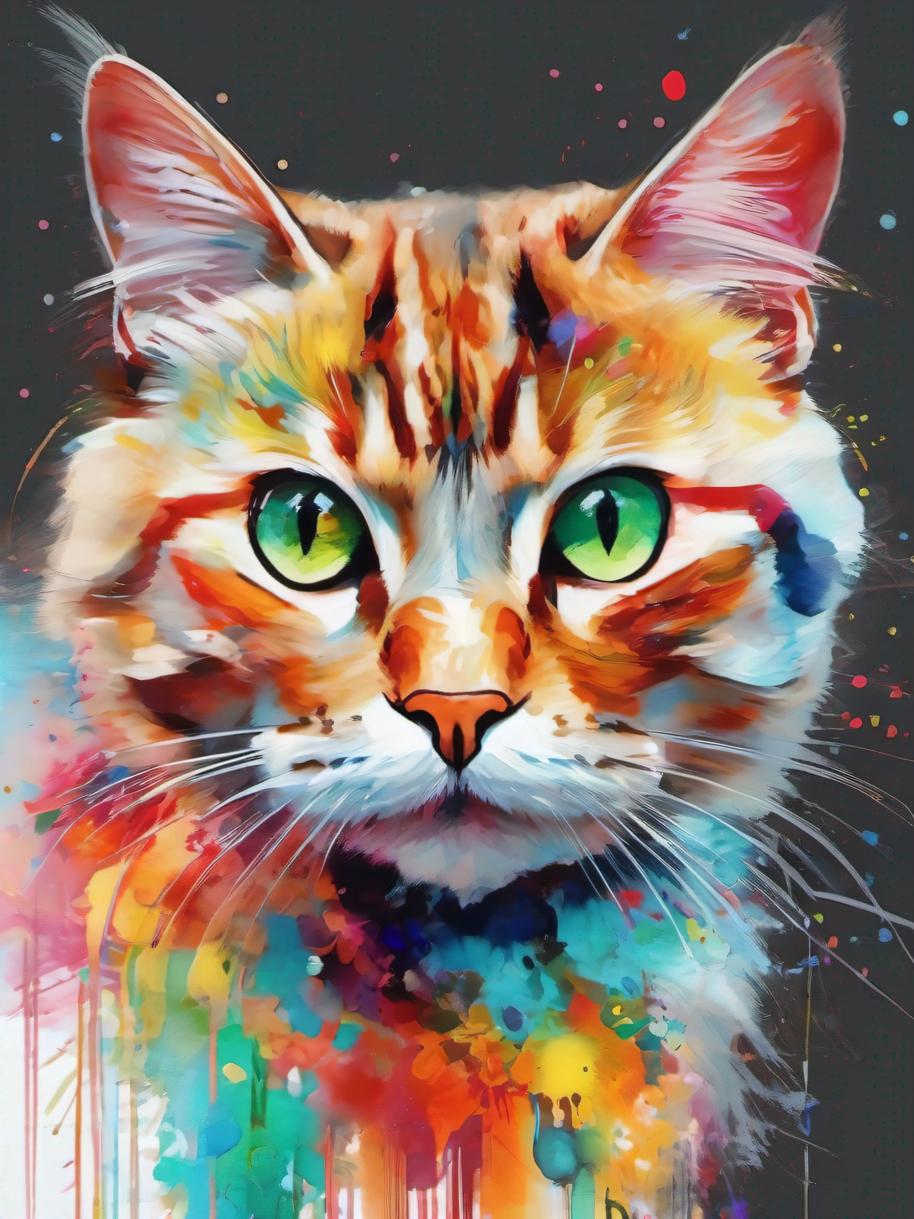 Draw a cat with colorful ink on its face, archan nair, painted in bright water colors, animal drawing, vibrant watercolor painting, painting of cute cat, Stunning artwork, Surrealism with bright colors, plethora of colors，detail-rich, lovely digital painting, Amazing, digital art animal photo, colorful art, art of alessandro pautasso, watercolor detailed art