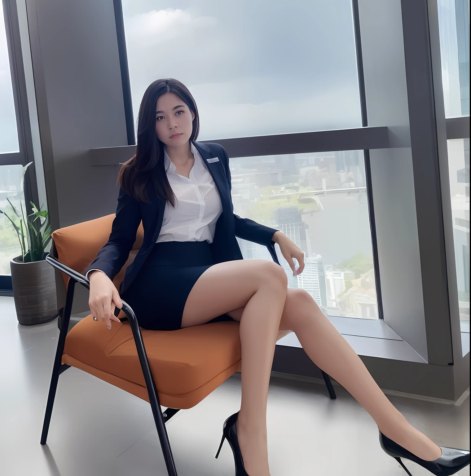 woman sitting in a chair in front of a window with a view of a city, girl in a suit, girl in suit, in a business suit, business woman, office clothes, in office, wearing business suit, business outfit, in the office, business attire, sitting in office, wearing a strict business suit, with a business suit on, wearing a business suit