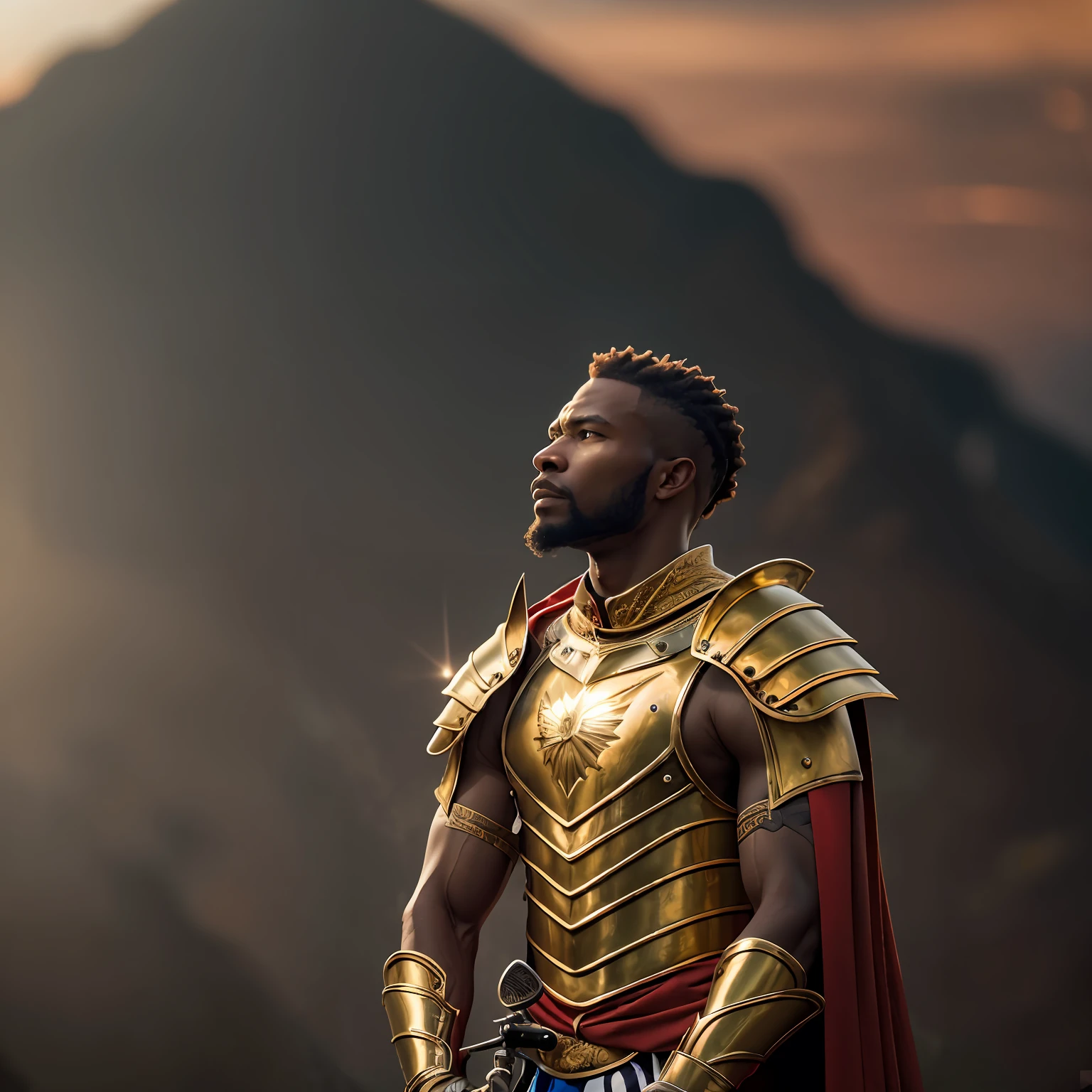 A raw photo of a proud African warrior man, standing atop a mountain peak, wearing gold Armor, shining. his cape billowing in the wind, perfect face features, perfect eyes, hopeful, volumetric lighting, sun rays, detailed shadows, indoor, hasselblad X2D 100c, hasselblad XCD 80mm f/1.9 lens, depth of field, bikes, film grain, sharp focus, photorealistic, masterpiece, intricate details, high contrast, 8k, UHD, HDR, high-res, best lens, absurdres, award winning photography, best composition, rule of third, full body shoot