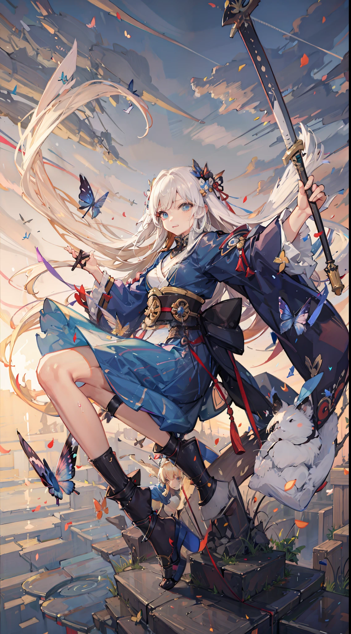 ((cinematic)), [masterpiece], potrait of fit blonde japanese girl, raising one hand, look at the sky, waterfall panorama with butterfly suround her, clear blue sky, twilight, sunset, light armor, katana, samurai, wet white cloth, kicking pose, one legs up