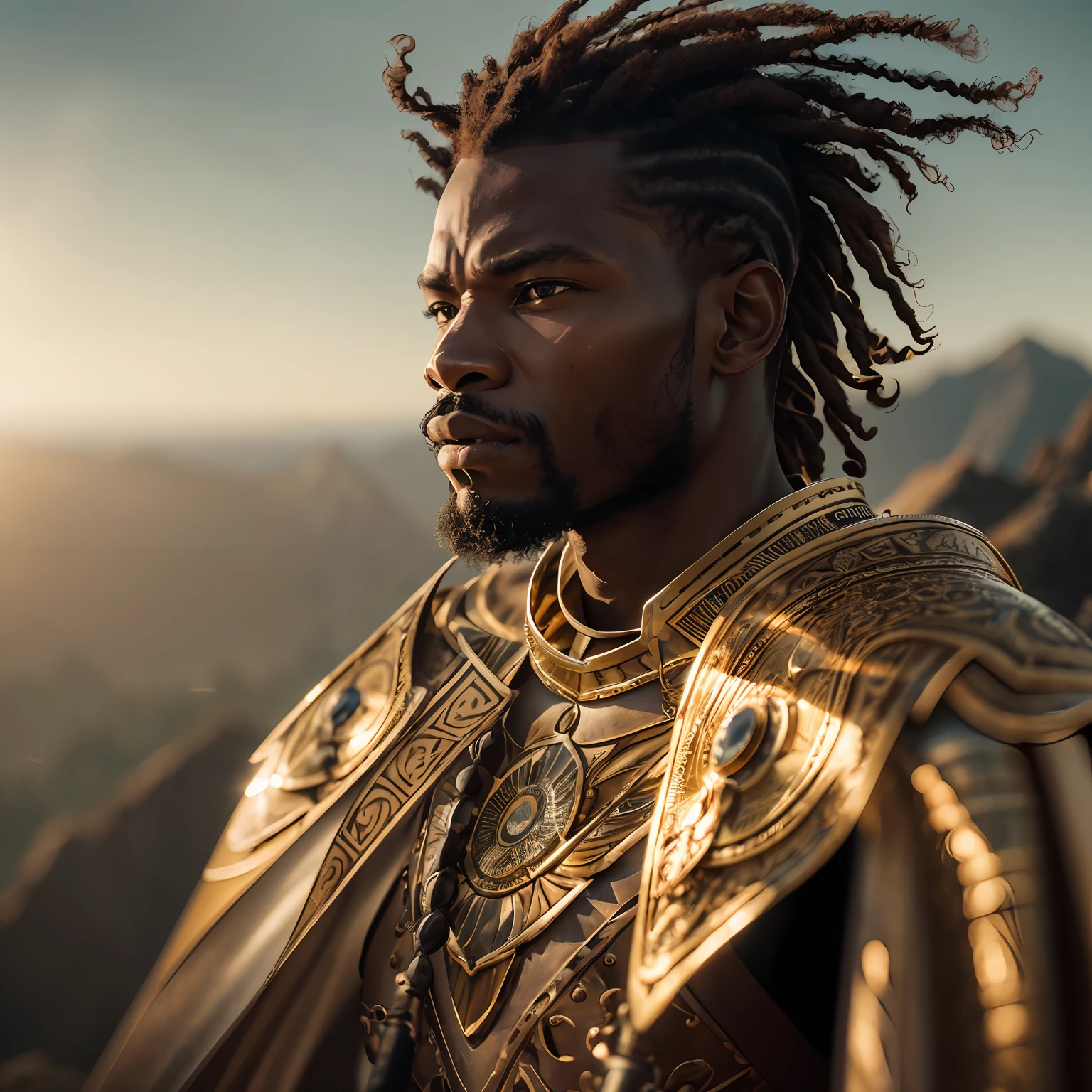 A raw photo of a proud African warrior man, standing atop a mountain peak, wearing gold Armor, shining. his cape billowing in the wind, perfect face features, perfect eyes, hopeful, volumetric lighting, sun rays, detailed shadows, indoor, hasselblad X2D 100c, hasselblad XCD 80mm f/1.9 lens, depth of field, bikes, film grain, sharp focus, photorealistic, masterpiece, intricate details, high contrast, 8k, UHD, HDR, high-res, best lens, absurdres, award winning photography, best composition, rule of third, full body shoot