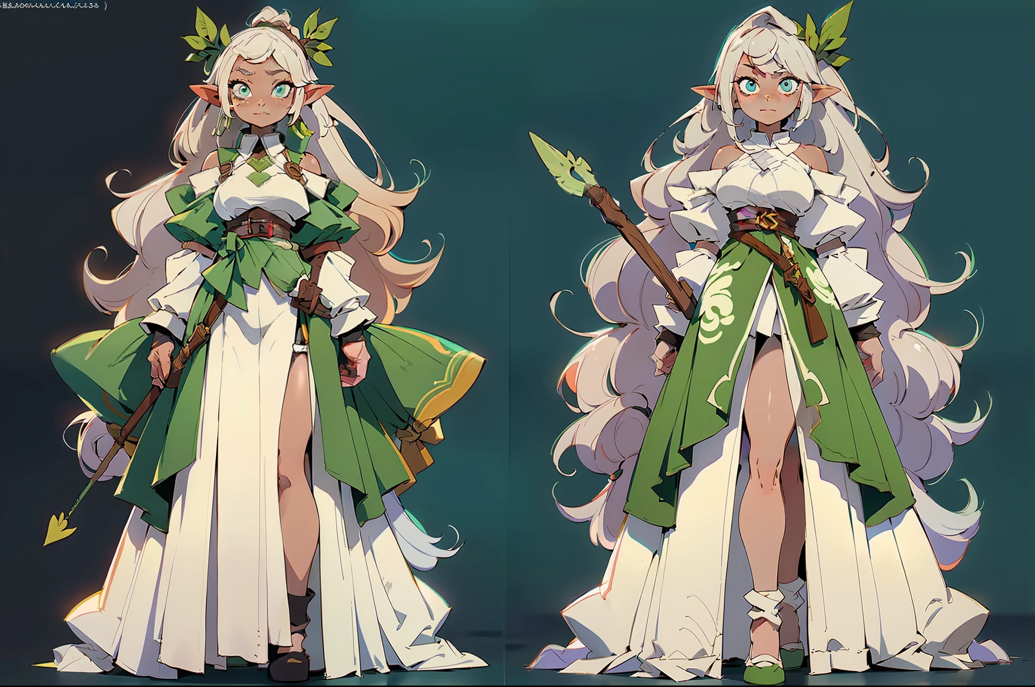 ((three sided view,full bodyesbian,Simple background,multiple views,A high resolution)),（Adult elves），（the elf：1.2），（archer：1.3），bow and arrows，quiver，Elf long ears，cabelos preto e longos，perfect  eyes，s the perfect face，The clothes are green and white，magical weapons，Fantasy creatures，（（concept art of character）），((CharacterDesignSheet、Same role、frontage、Lateral face、on  back)，Different perspectives of the same character wearing the same dress，（simplebackground，white backgrounid：1.3）。