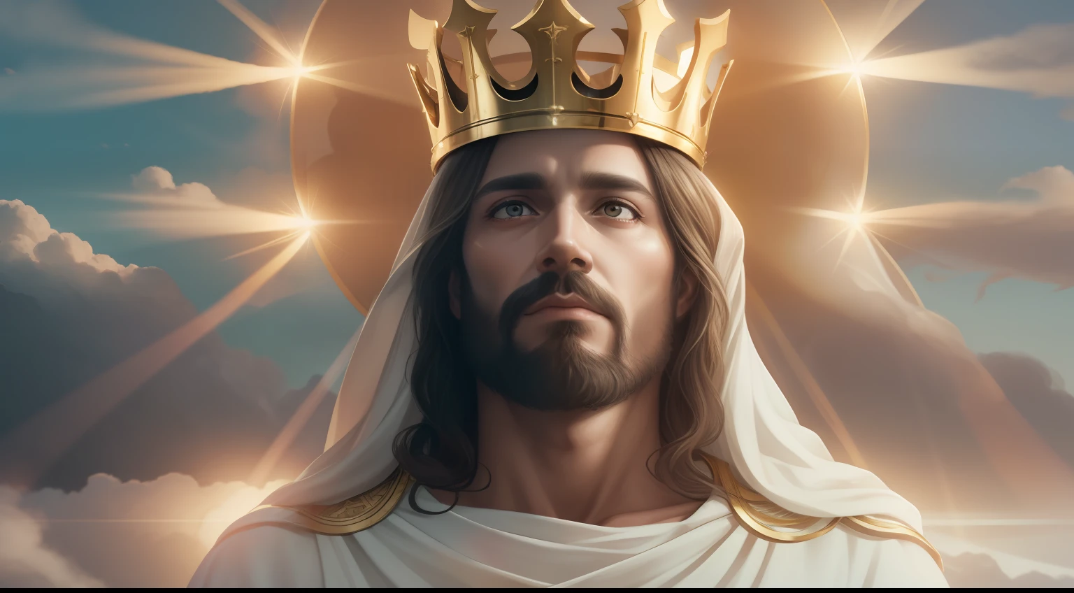 Jesus Christ Second Coming into Heaven, rosto imponente, golden crown of king on head, a white tunic and a golden breastplate, o cabelo preto  , olhos como chamas de fogo, olhar de autoridade, Surrealismo, cinematic lighthing, alta qualidade, detalhes elevados, unreal engine 5.