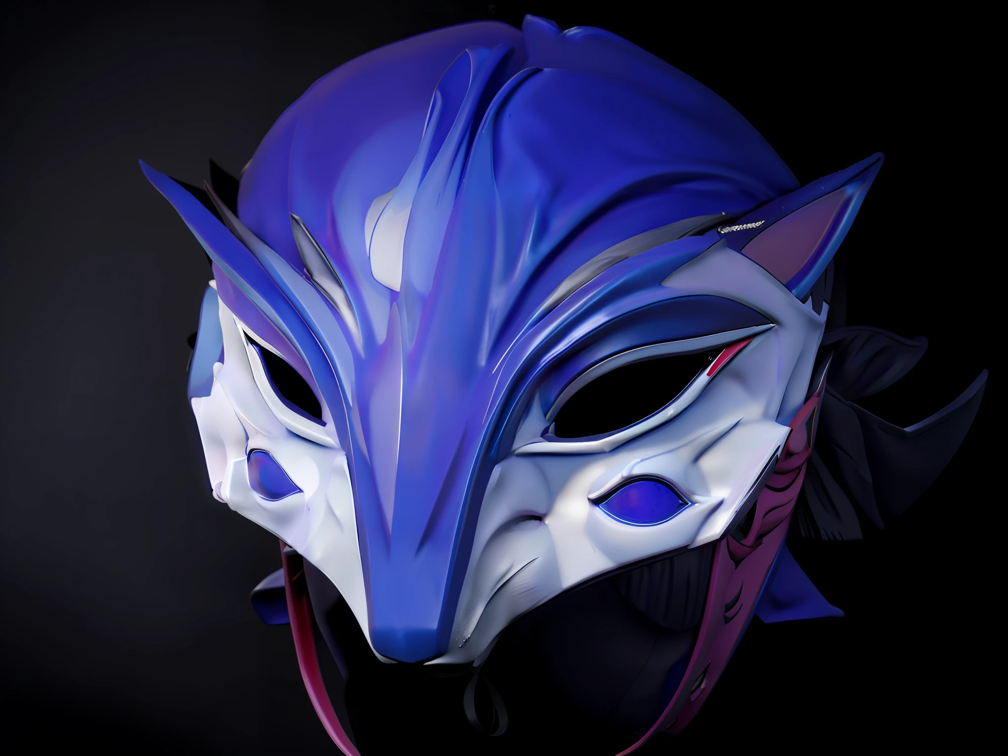 It has a mask with a blue and white design, kitsune mask, kitsune inspired armor, kitsune mask on head, with kitsune mask, nocturne from league of legends, krystal from star fox, wearing a kitsune mask, vega mask, seraphine ahri kda, morgana from league of legends, SFW version