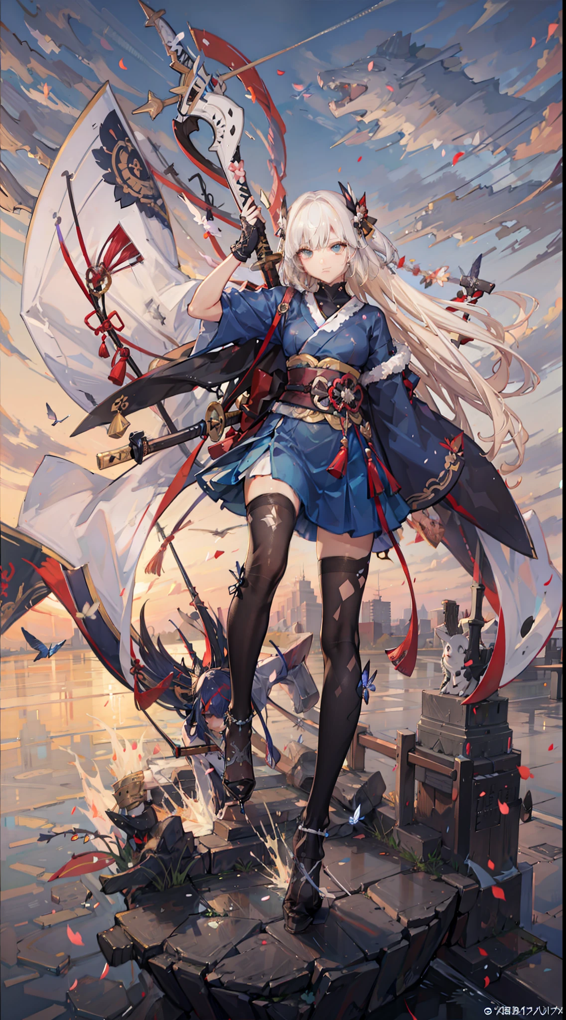 ((cinematic)), [masterpiece], potrait of fit blonde japanese girl, raising one hand, look at the sky, waterfall panorama with butterfly suround her, clear blue sky, twilight, sunset, light armor, katana, samurai, wet white cloth, kicking pose, one legs up