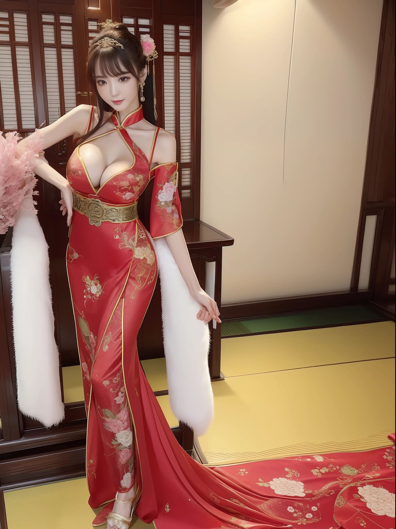 Top resolution、Top image quality、8K、japanes、22year old、A slender、OL、Glamorous、Beautiful Large Breasts、constricted hips(Waistline emphasis)、Fluffy Chinese Dress(((no-bra))((nipple erect)))、garterbelts、high-heels