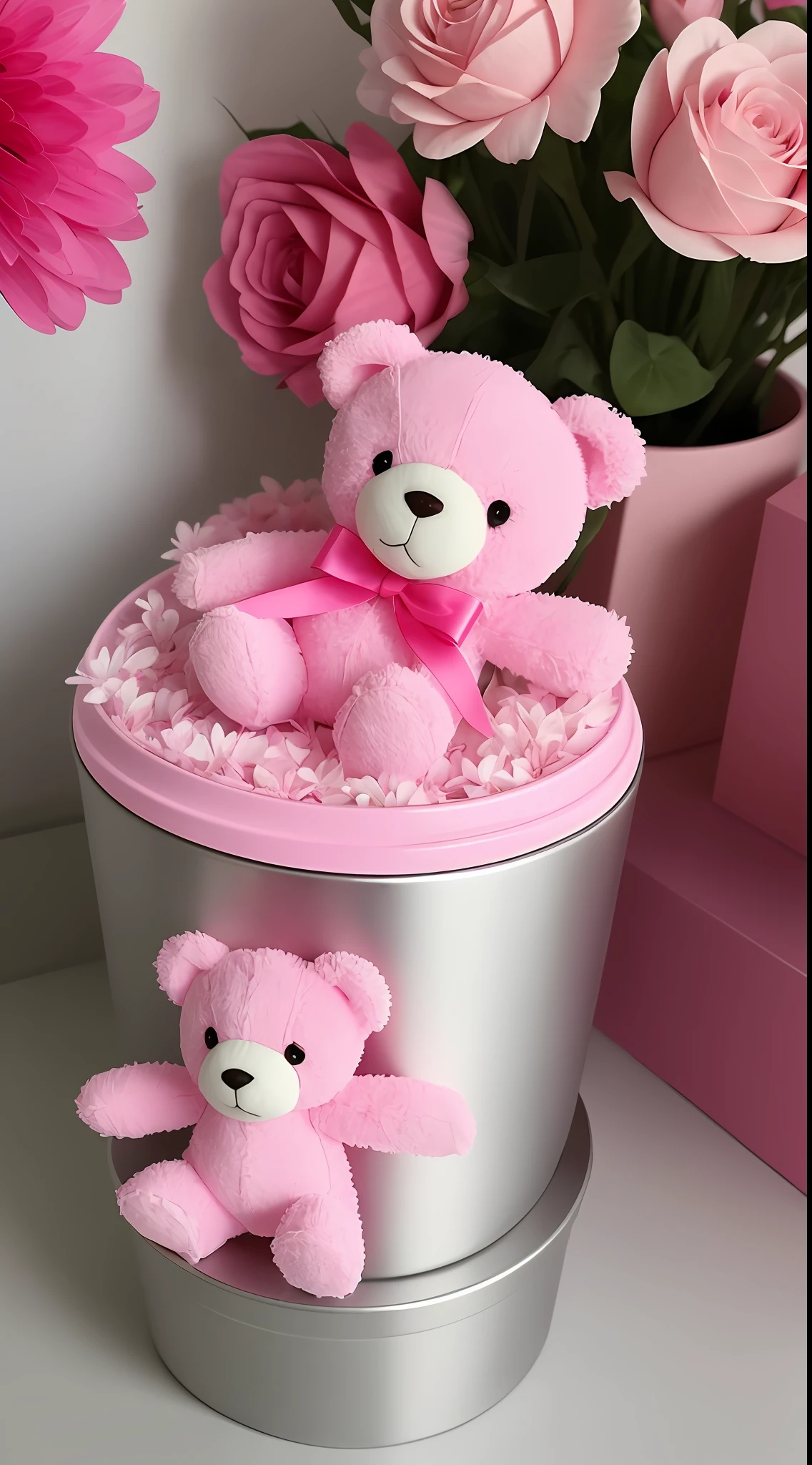 There is a pink teddy bear sitting on a silver container，with pink flowers on it, a picture by Elena Guro, Tumblr, fine art, 🎀 🧟 🍓 🧚, Pink flowers, (In pink), 🎀 🍓 🧚, 🎀 🗡 🍓 🧚, Incredibly cute, pink iconic character, pink rosa, inspo, With flowers, with soft pink colors, Lovely