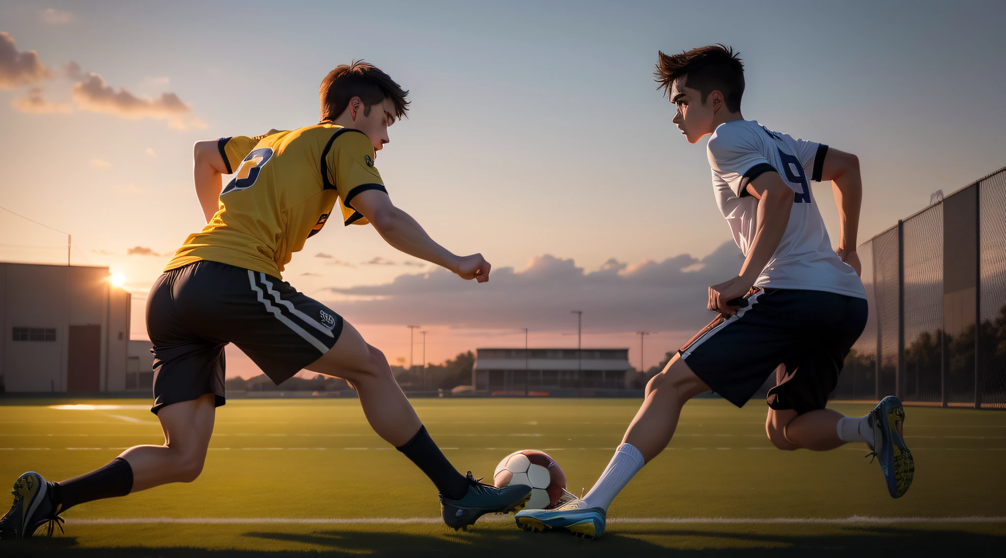 4 junior high school students，schoolboy，No beard，Body movement，At sunset，Play football on the pitch，shoun，Handsome and compelling，Sporty，sweat leggs，high high quality，Sportswear，shorter pants，Exquisite formal football