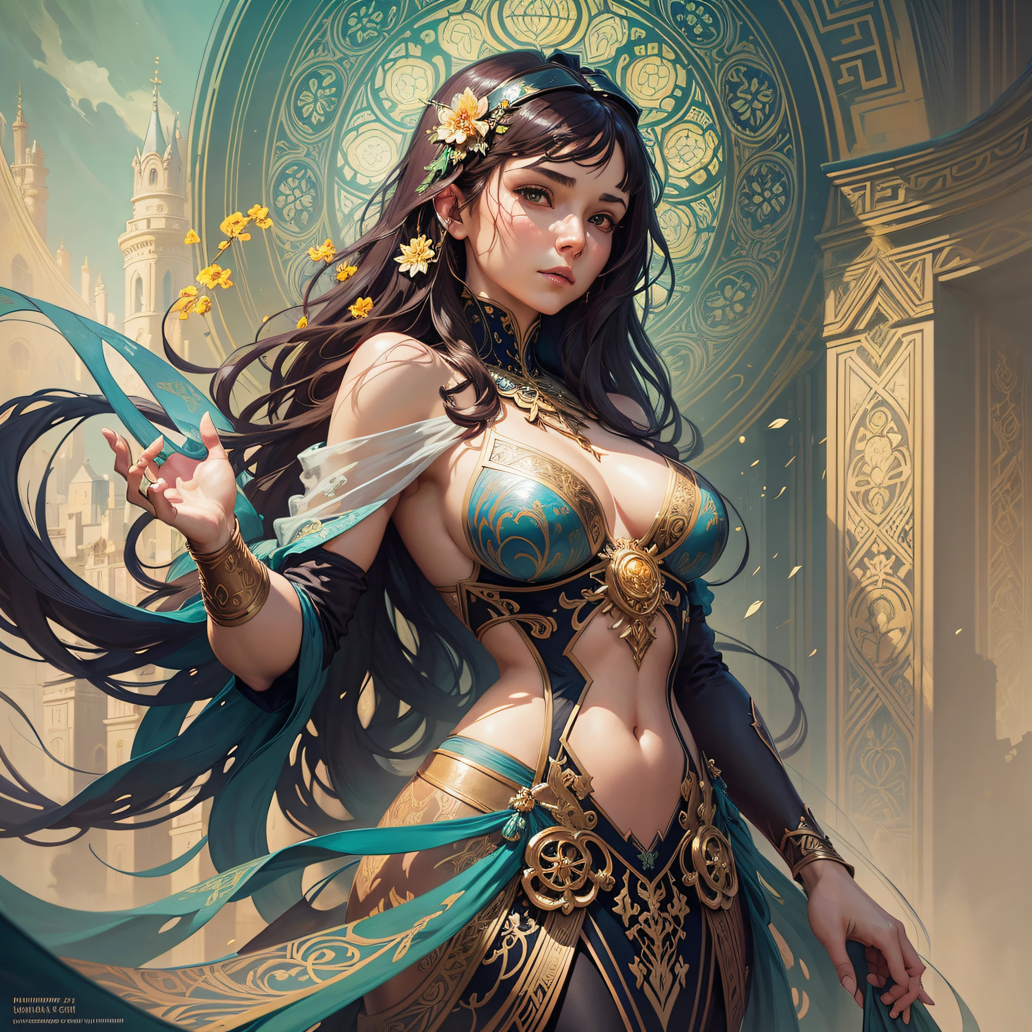 carne griffiths, michael garmash, frank frazetta, castle background, jean baptiste monge, victo ngai, detailed, vibrant, sharp focus, character design, wlop, artgerm, kuvshinov, character design, unreal engine, pixar, shiny aura, TXAA, 32k, fanbox, highly detailed, dynamic pose, intricate motifs, organic tracery, perfect composition, warm dreamy tones, digital painting, artstation, smooth, sharp focus, illustration, award winning style and composition))), Line, by Alphonse Mucha, Surface, by Karol Bak, Color grading, by Lee Man Fong, Hydrodipped, glaze