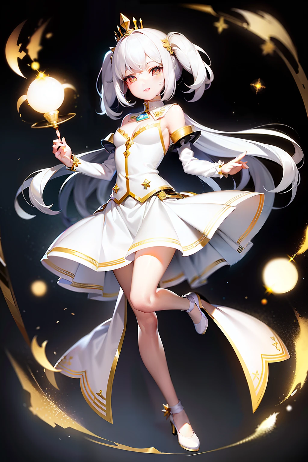 High picture quality,Works of masters,White color hair,little breast,Golden eyes,light make-up,Cute girls,Realiy,ssmile,Look to the lens,Full body like,Less clothes,Real Human,short skirt,diadems,Happy emoji,Thin leg,Lift the skirt,