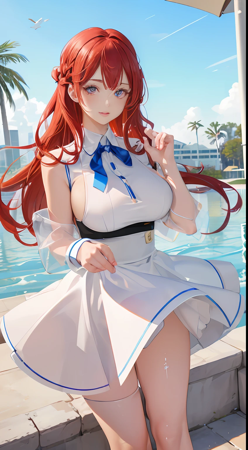 1girll, 独奏, White polo shirt, White sneakers, tennis wear, white mini-skirt, tmasterpiece, Best quality at best, realisticlying, ultra - detailed, (shiny skins, perspired:1.4), absurderes, looking at viewert, Red long-haired, with brown eye,slenderness,Dynamic light and shadow,A high resolution,Sharp focus,depth of fields,The eyes are delicate,Sharp pupils,pupil realistic,Binding milk,Only wear breast binding,Superskirt,(huge tit:1.1),(big breasts thin waist:1.0),(straight thighs),exteriors,Skysky