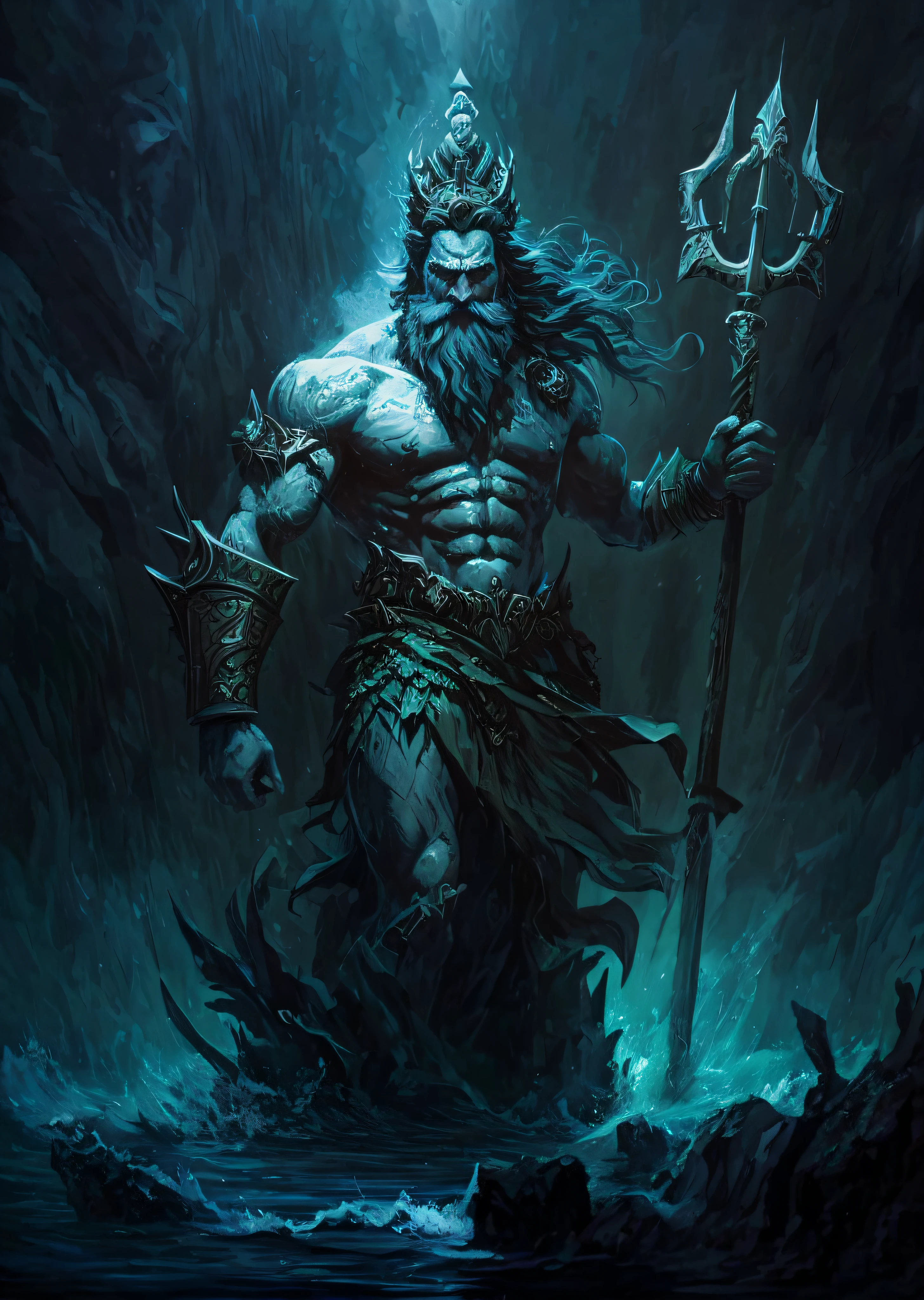 a painting of a man with a spear and a large body of water, The God Poseidon, The God of the Sea, The God Hades, Poseidon, Charon, The Boatman of Hades, God of the Ocean, God of the Underworld, Hades, God Shiva the Destroyer, Furious God Zeus, Like an Atlantean