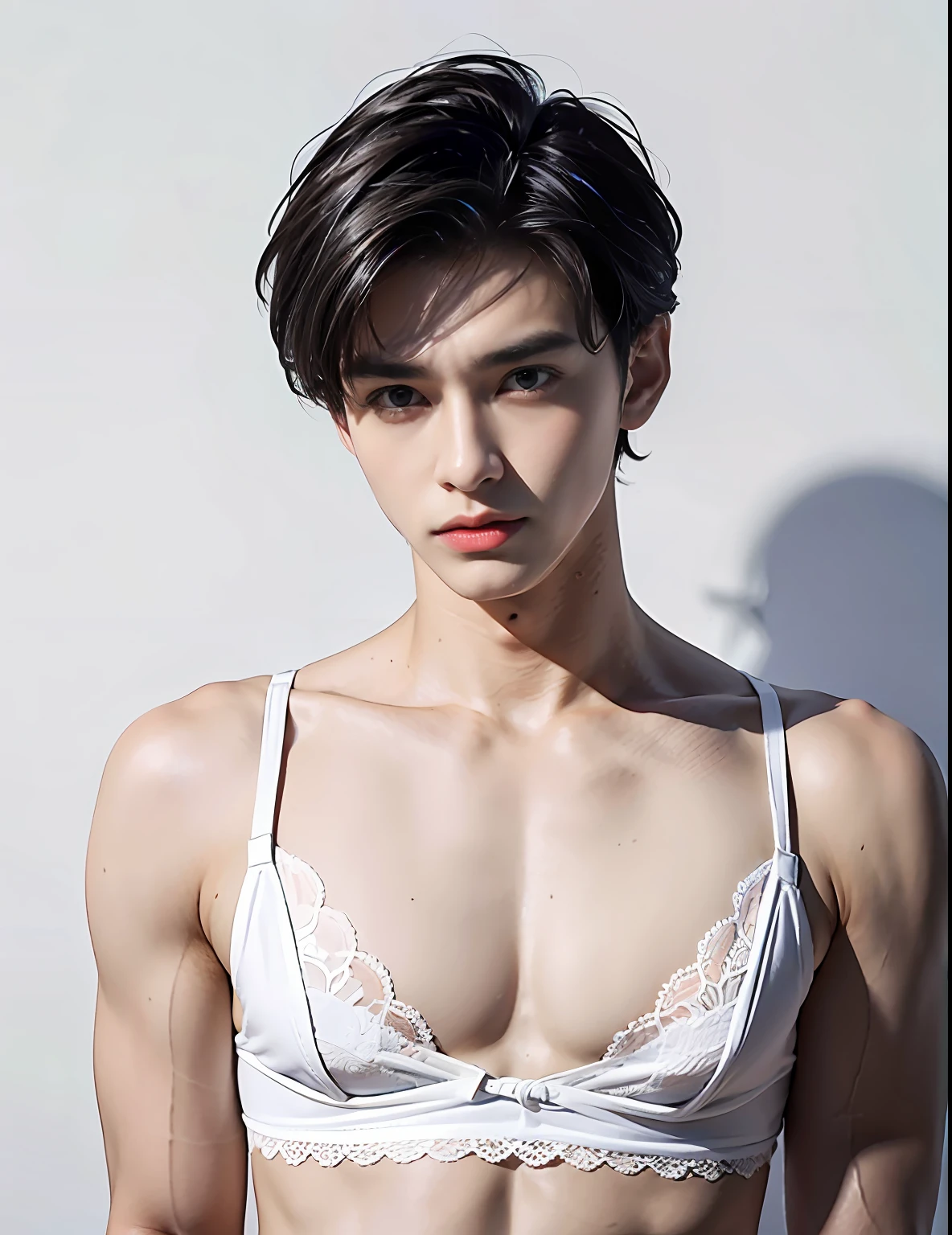 Bust photo，European people，A photo of the front ID，smooth jaw，White lace bra，比基尼，Hermaphroditic men，with fair skin，White lips，，The light is even，with a pure white background，plain face，，male people，nakeness，Smooth shoulders，鎖骨，Turn Back，Short broken hair，Youth，cool guy，18yr old，scowling，cool guy，Slim young handsome guy，