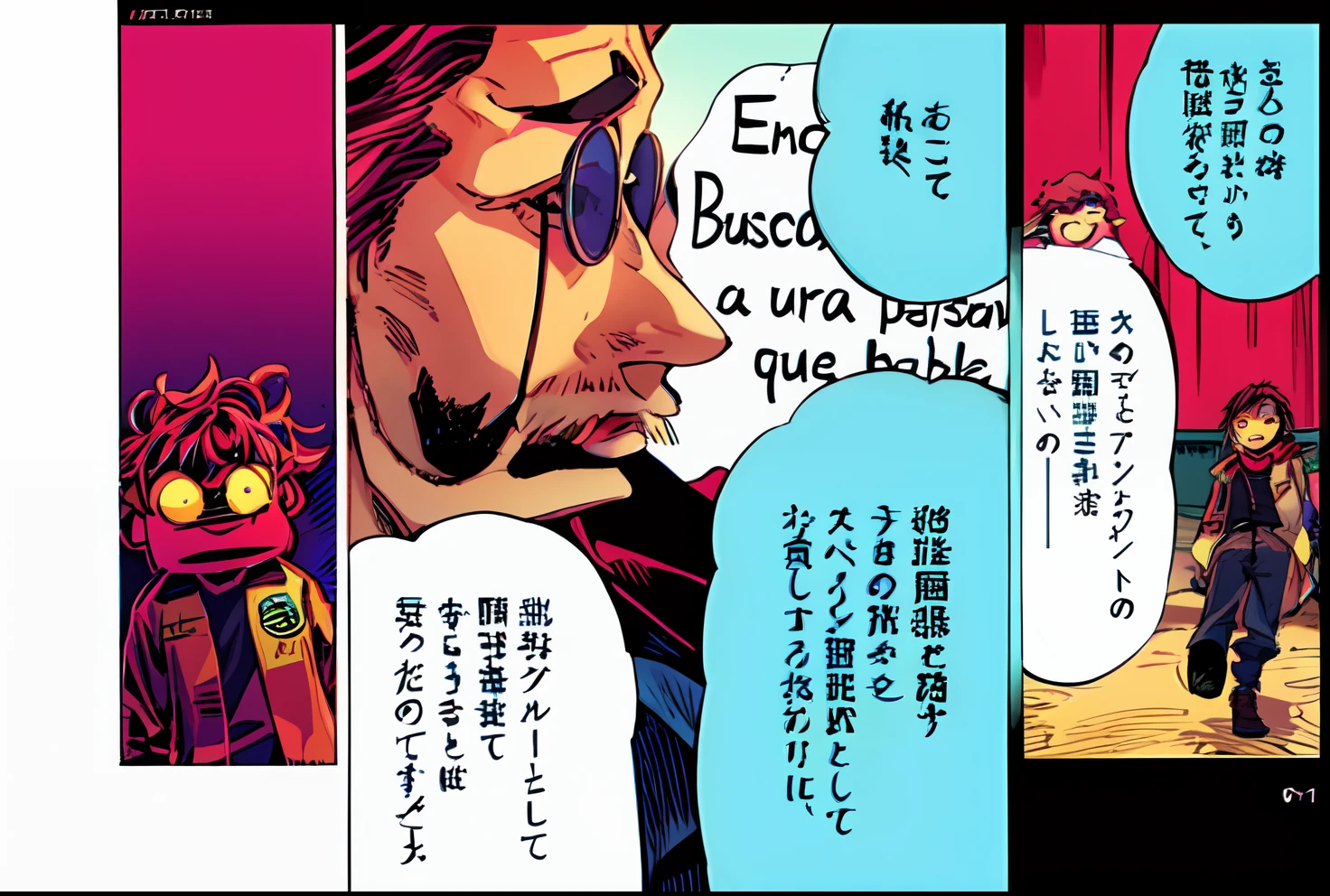 a anime of a boys manga, text manga, color manga, manga color, color manga, color manga panel, simple background