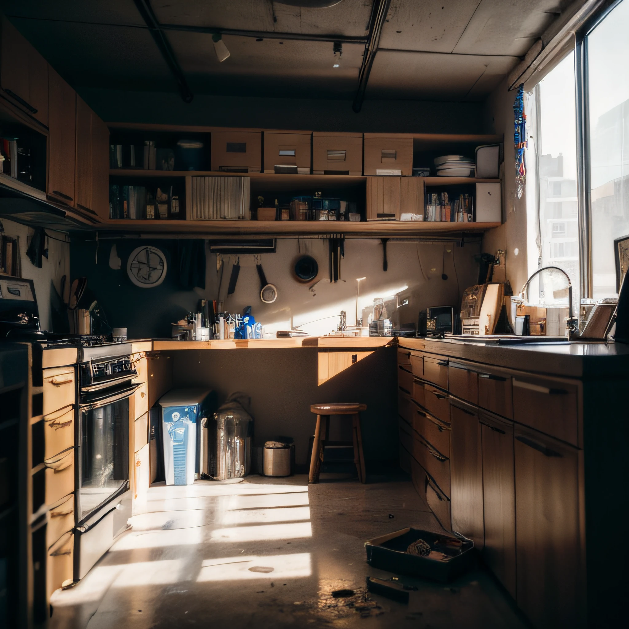 Masterpiece, best quality, highres, photorealistic, RAW, Interior view of Cyberpunk laboratory, messy, untidy, dirty, 8K, cinematic light