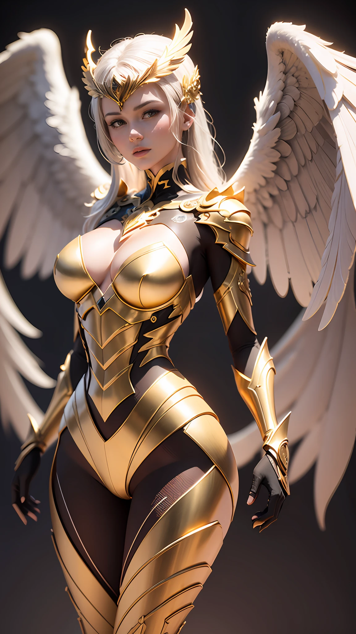 Mechanical style,golden theme,(1 mechanical female angel,Anatomically correct,full bodyesbian, ,Golden wings,standing,circular base),Black and white background, (a 3D render,Best quality, high detal, Masterpiece, offcial art, Cinematic lighting, 4K, Chiaroscuro),tmasterpiece,looking to the camera,face to the viewer,full bodyesbian,Stand up。